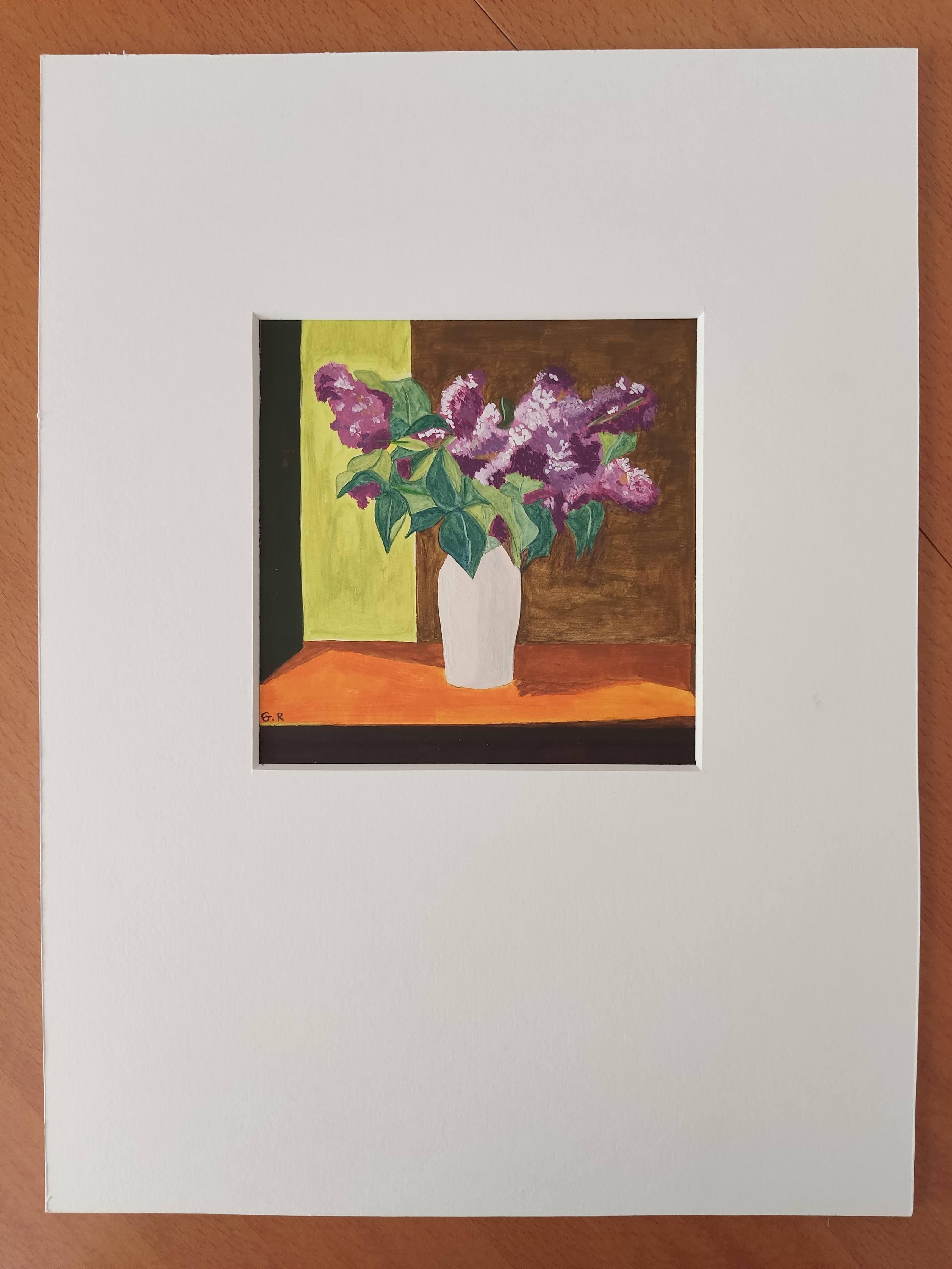 Vase with lilac, Still-Life Watercolor, Interior, Flowers For Sale 4