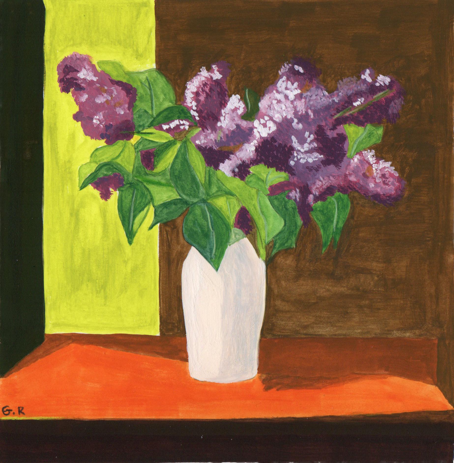 Vase avec lilas, Nature morte aquarelle, Intérieur, Fleurs