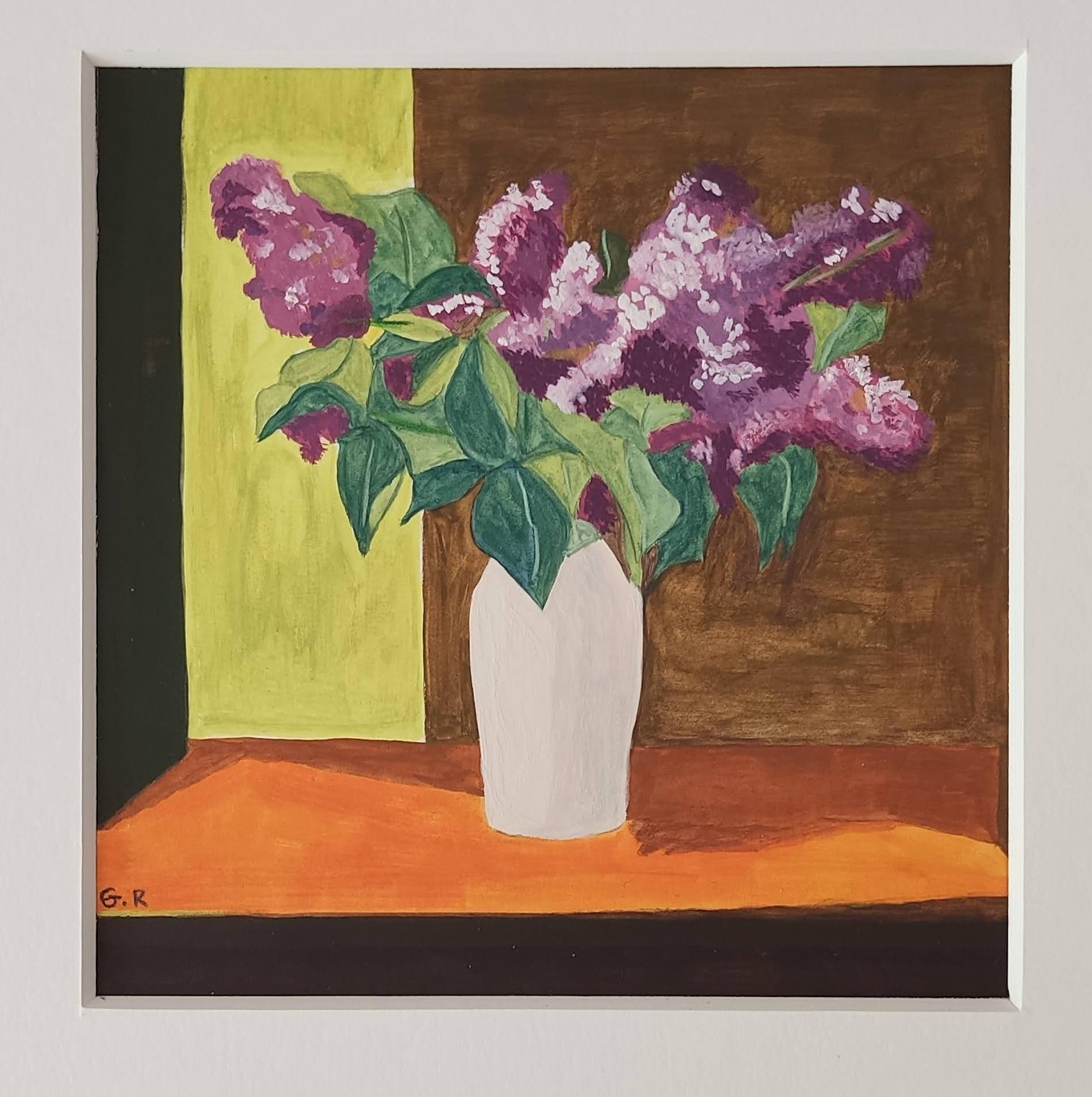 Vase with lilac, Still-Life Watercolor, Interior, Flowers For Sale 2