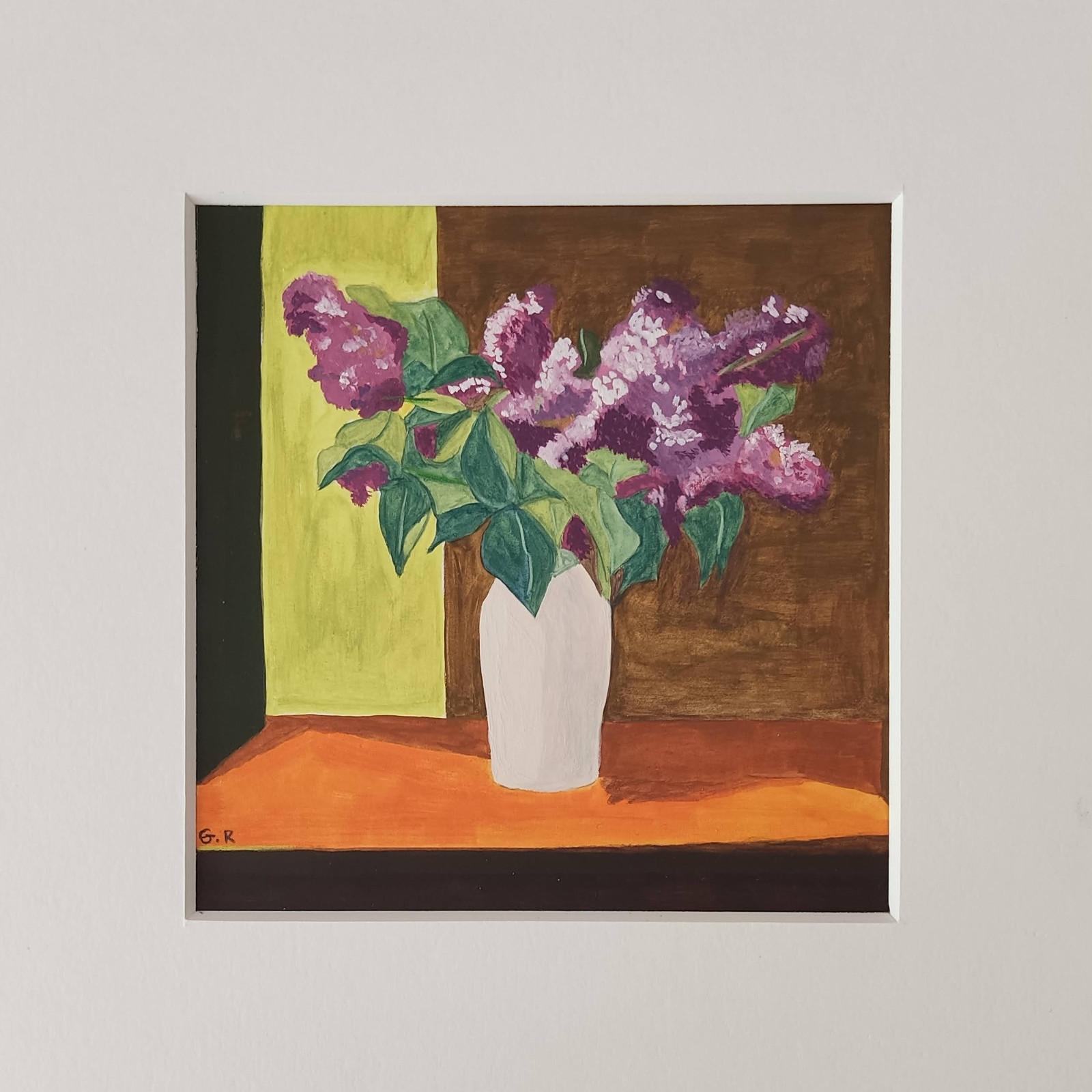 Vase with lilac, Still-Life Watercolor, Interior, Flowers For Sale 2