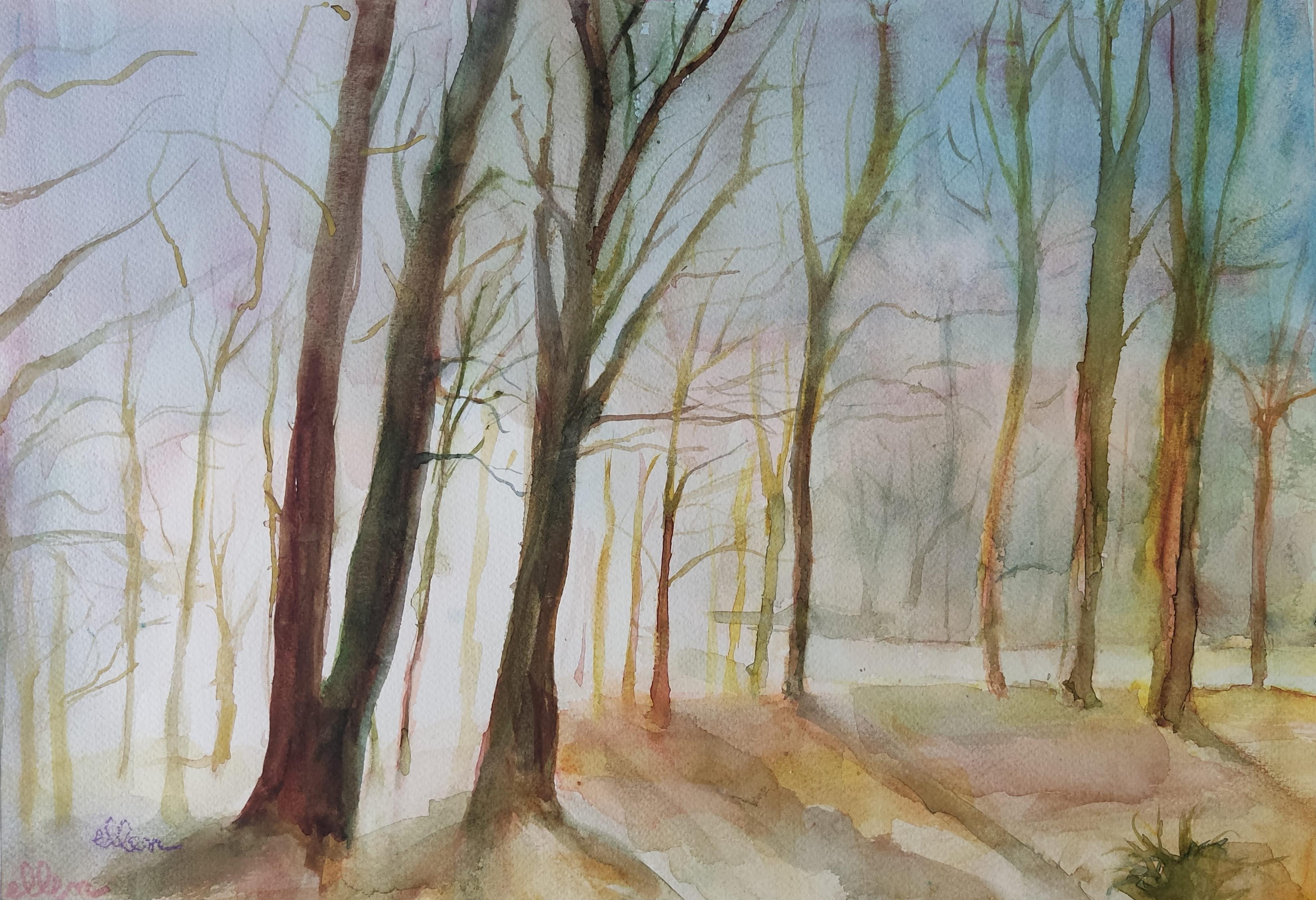 Unknown Landscape Art – Wälder, Original-Aquarell, Licht, Bäume, Frankreich