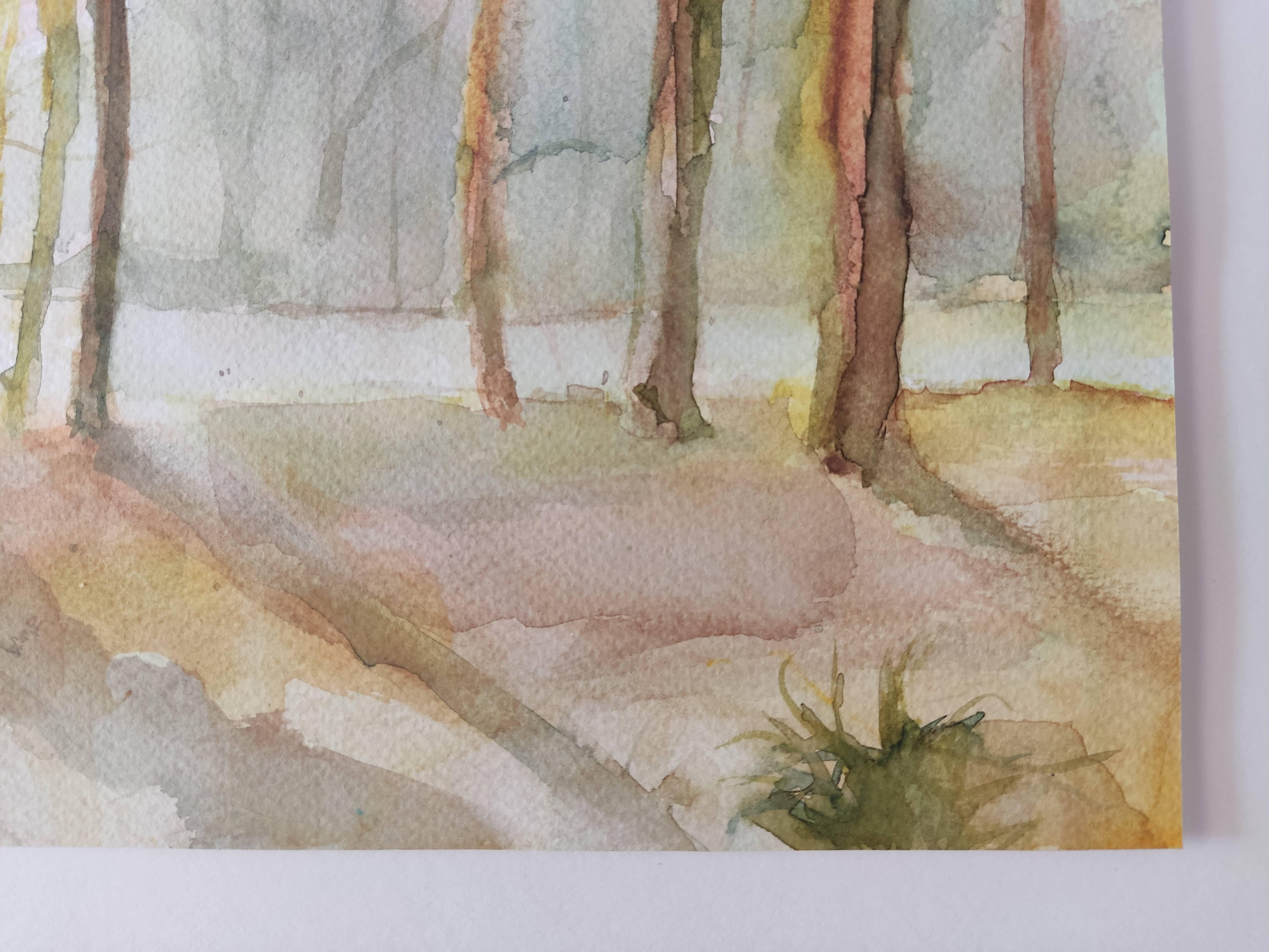 Forest, Original Watercolor, Light, Trees, France - Impressionist Art by Unknown