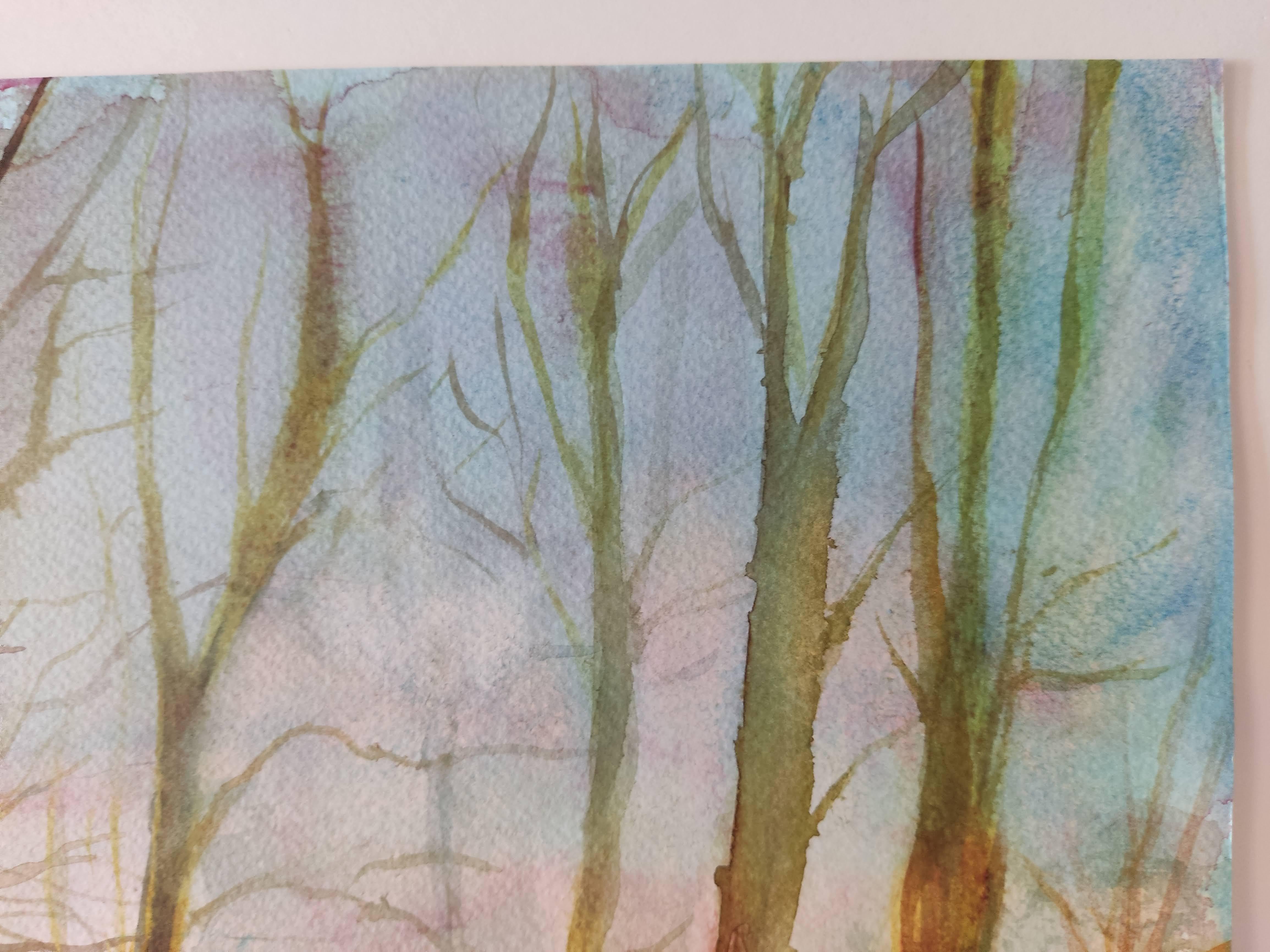 Wälder, Original-Aquarell, Licht, Bäume, Frankreich (Grau), Landscape Art, von Unknown