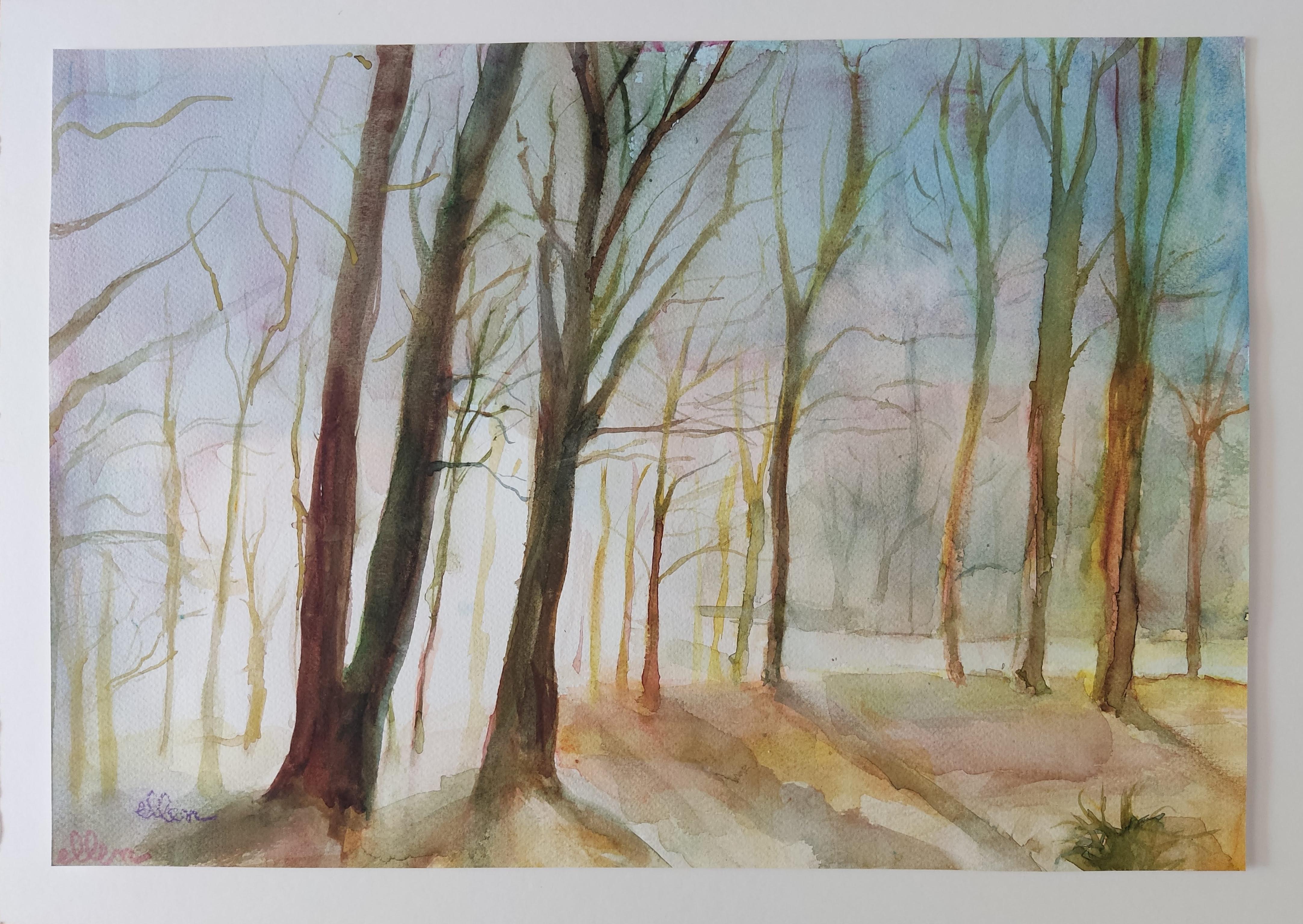 Forest, Original Watercolor, Light, Trees, France - Art by Unknown
