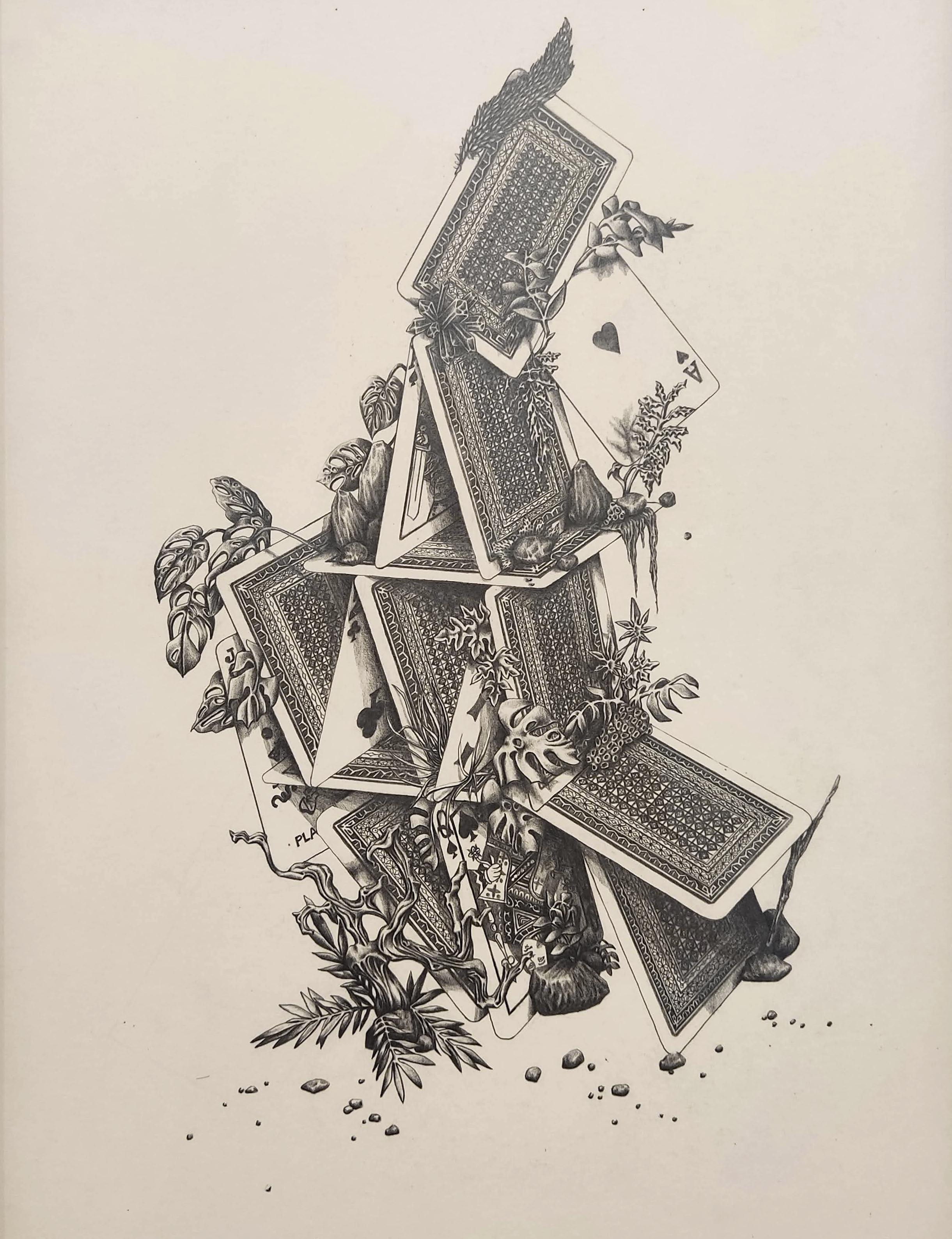 Jumanji 44, Original Drawing, Graphite Pencil, Landscape, Playing cards