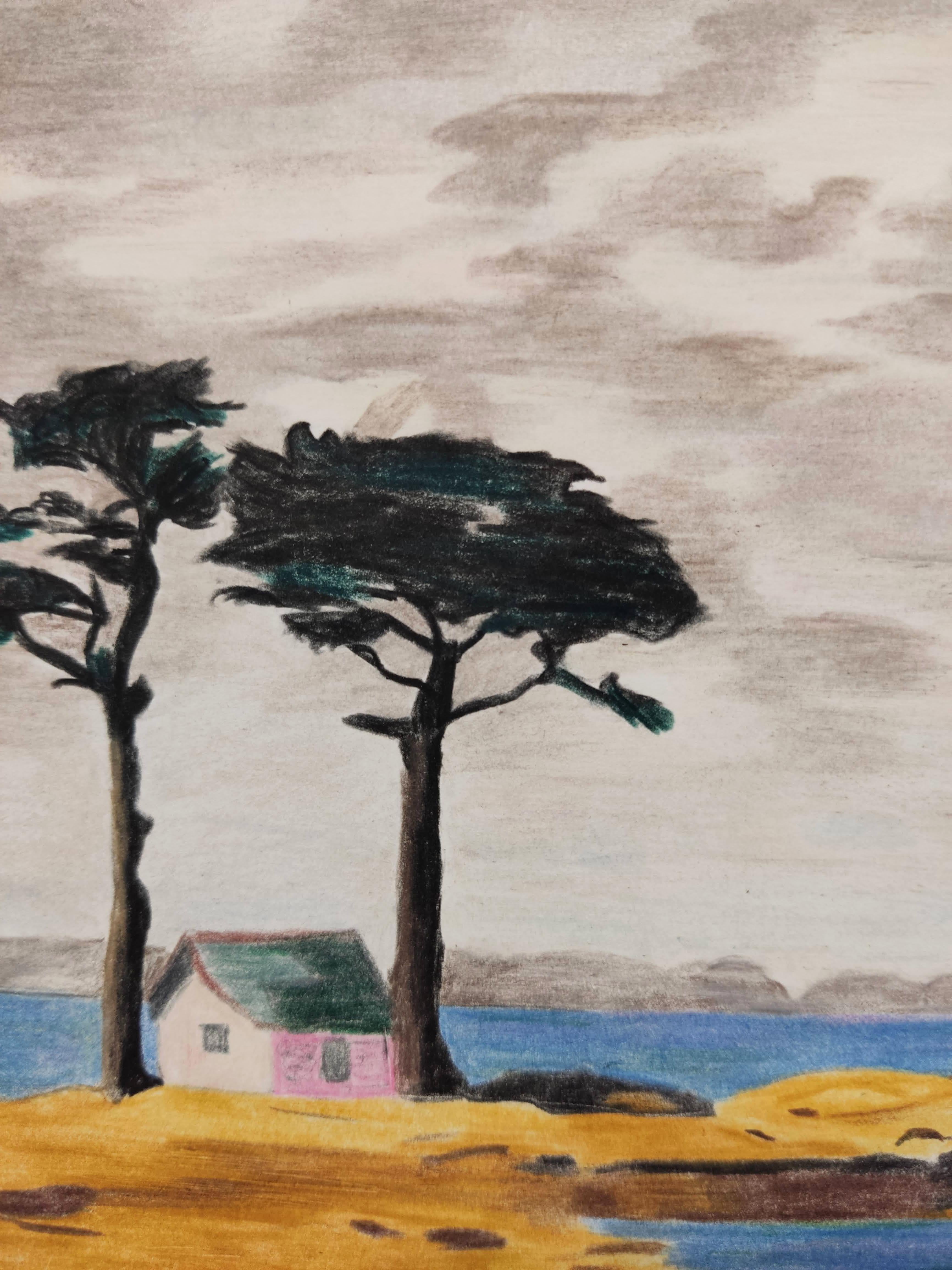 Au Bord de l'eau, Originalzeichnung, Meereslandschaft, Bäume, Meereslandschaft (Impressionismus), Art, von Gabriel Riesnert