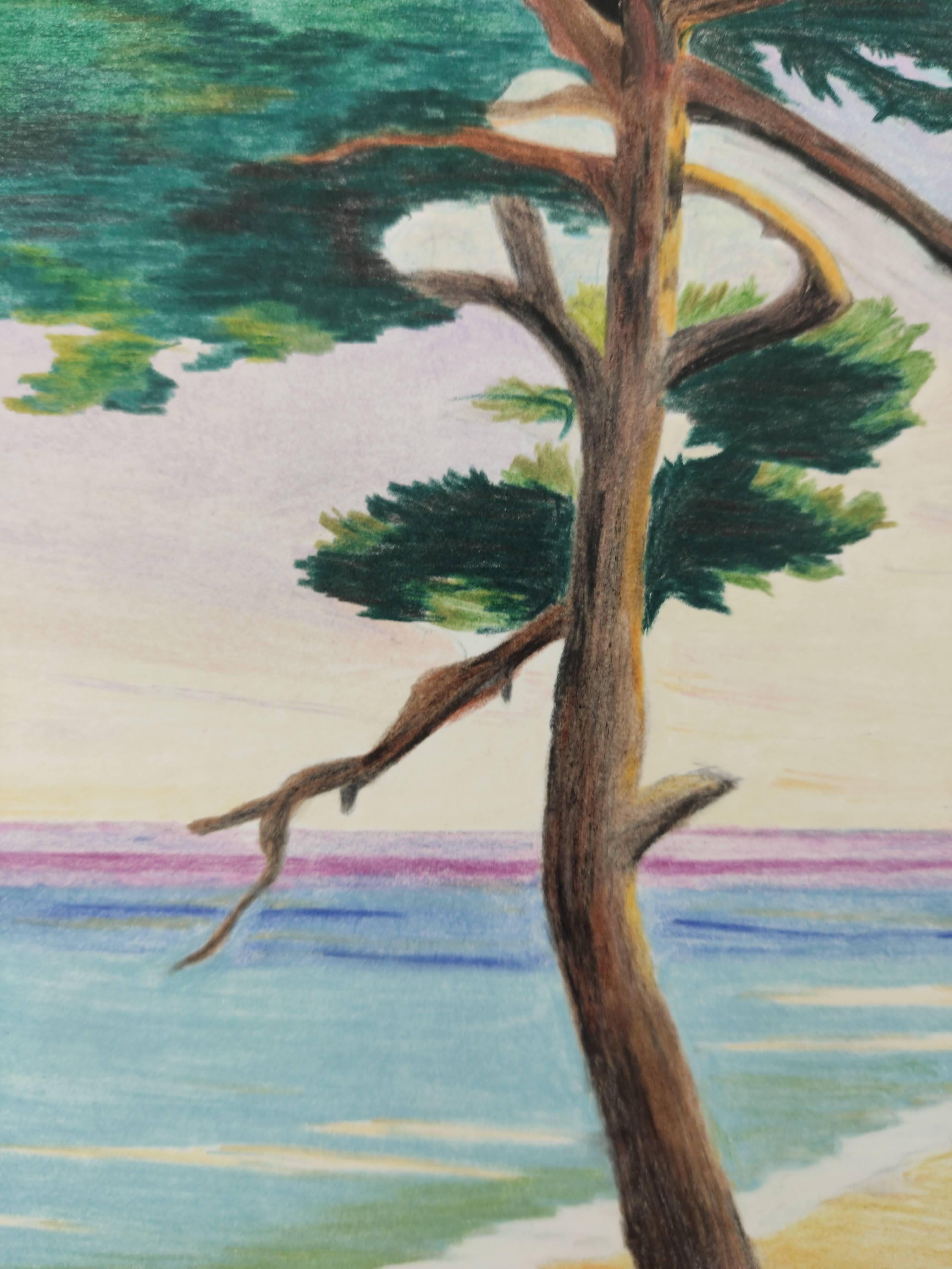 La plage, Original Drawing, Pastel, Seascape, Tree along the seafront - Art by Gabriel Riesnert