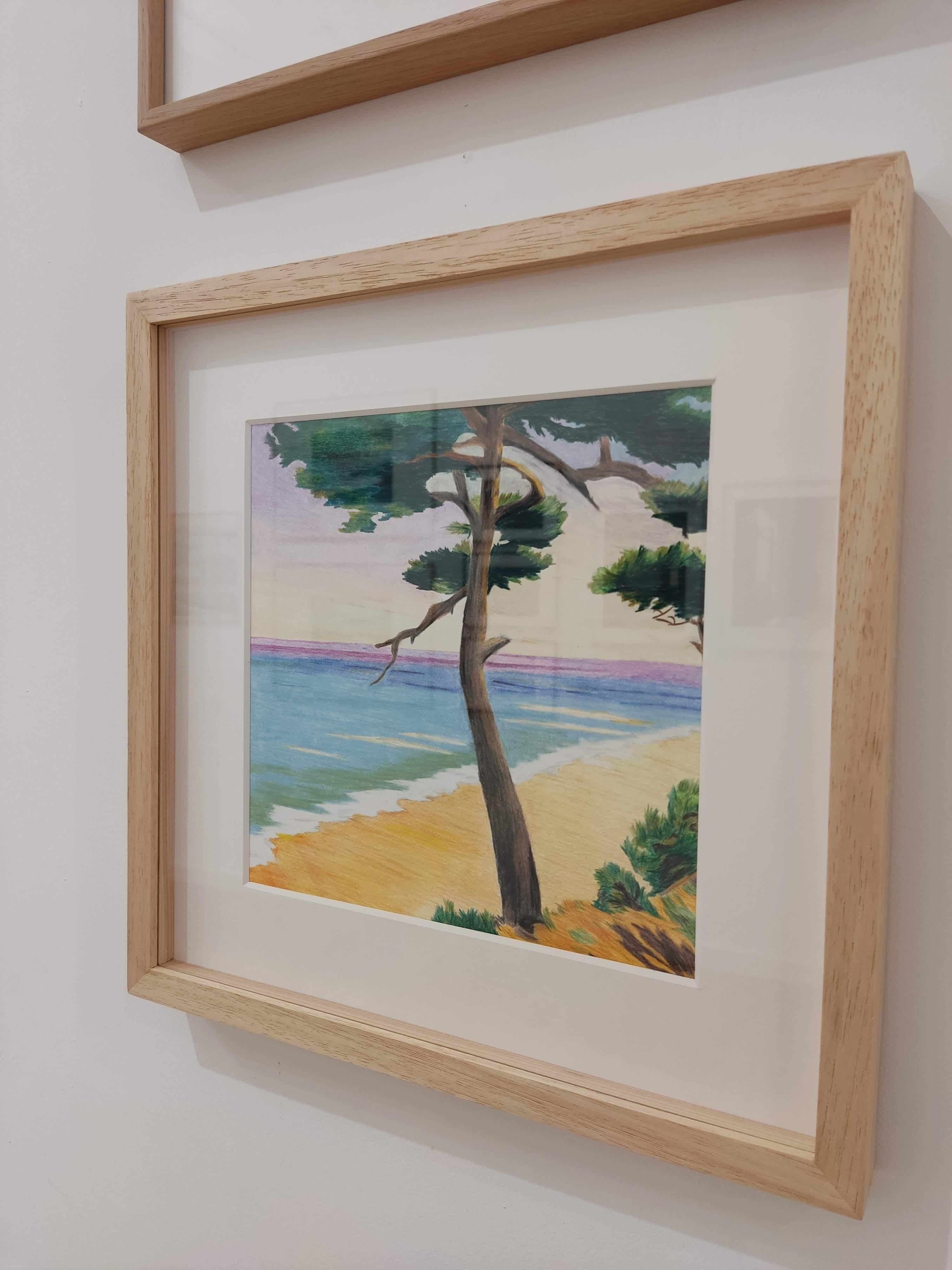 La plage, Original Drawing, Pastel, Seascape, Tree along the seafront 1