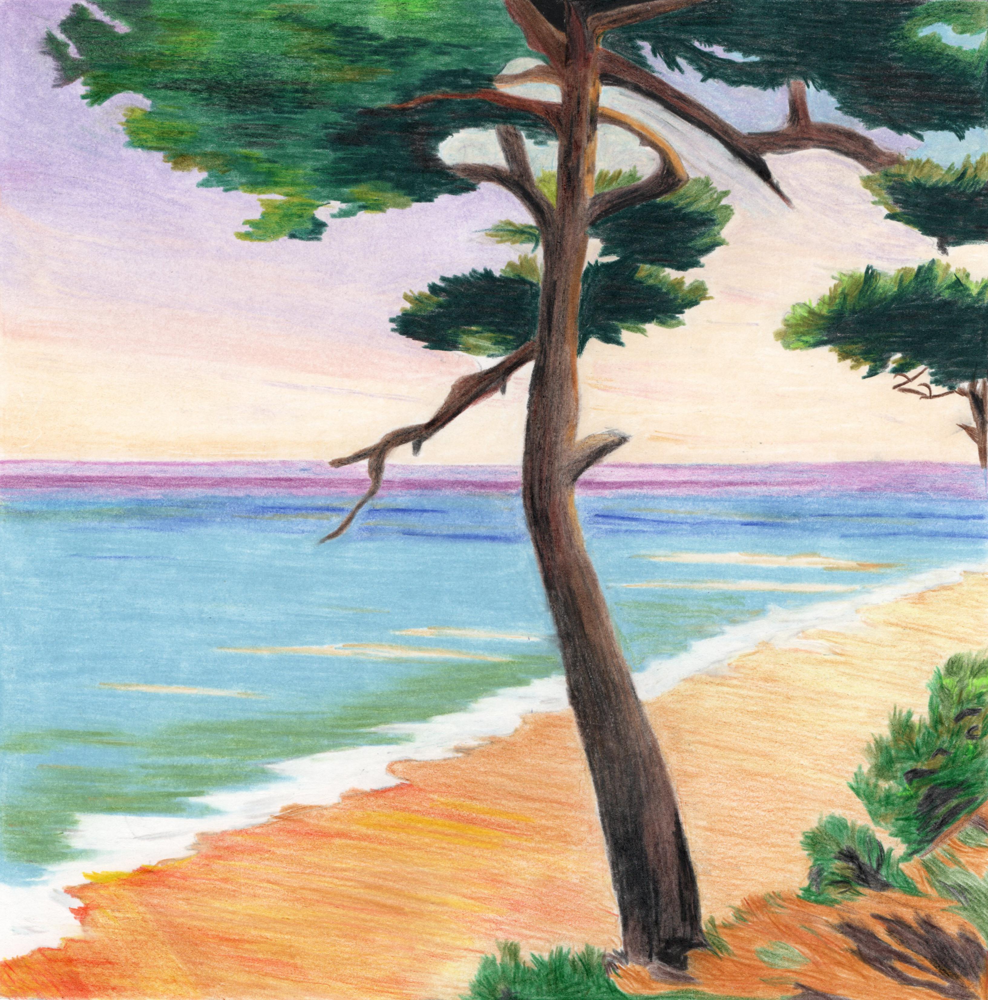 Gabriel Riesnert Landscape Art - La plage, Original Drawing, Pastel, Seascape, Tree along the seafront