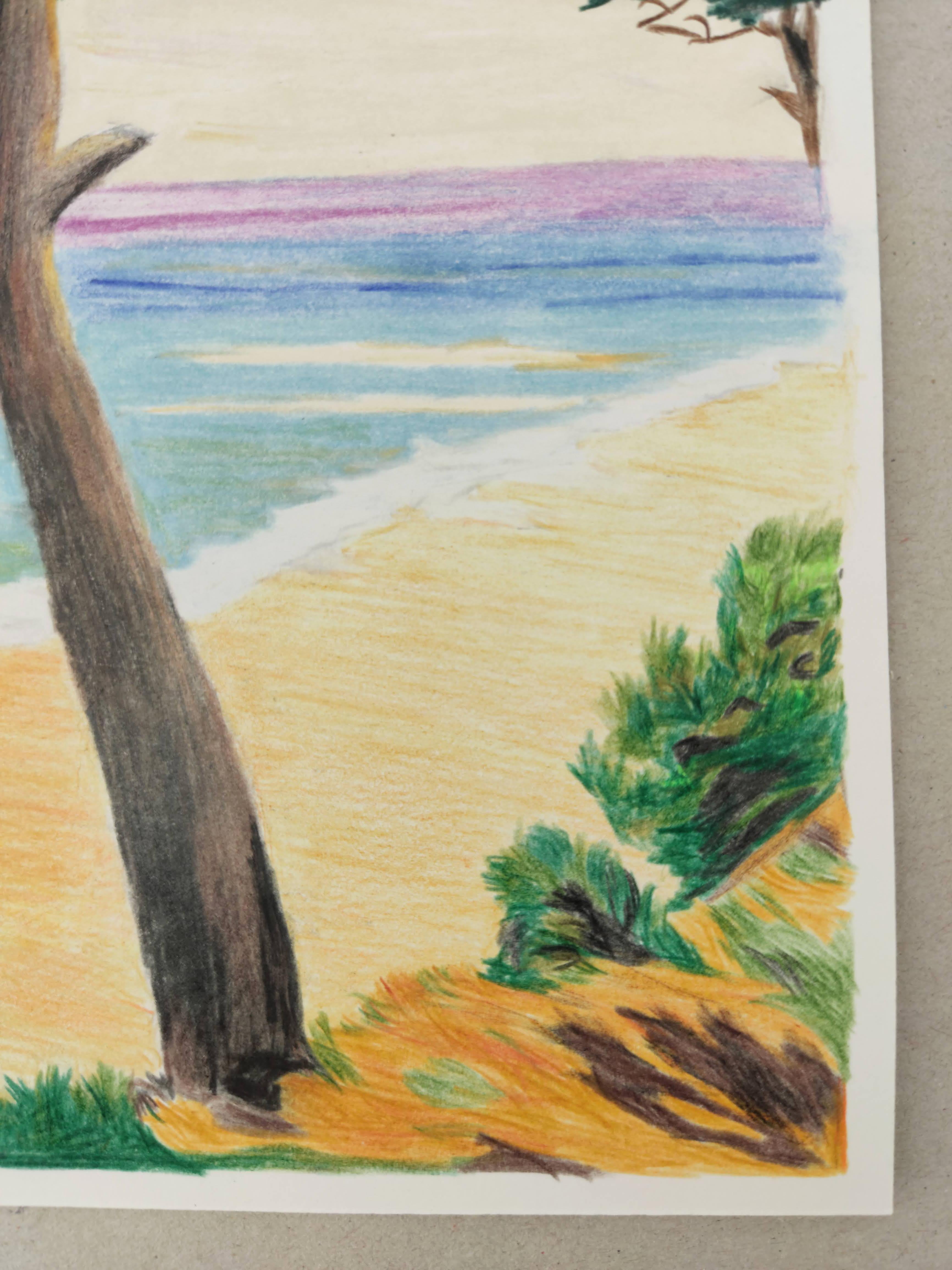La plage, Original Drawing, Pastel, Seascape, Tree along the seafront - Post-Impressionist Art by Gabriel Riesnert
