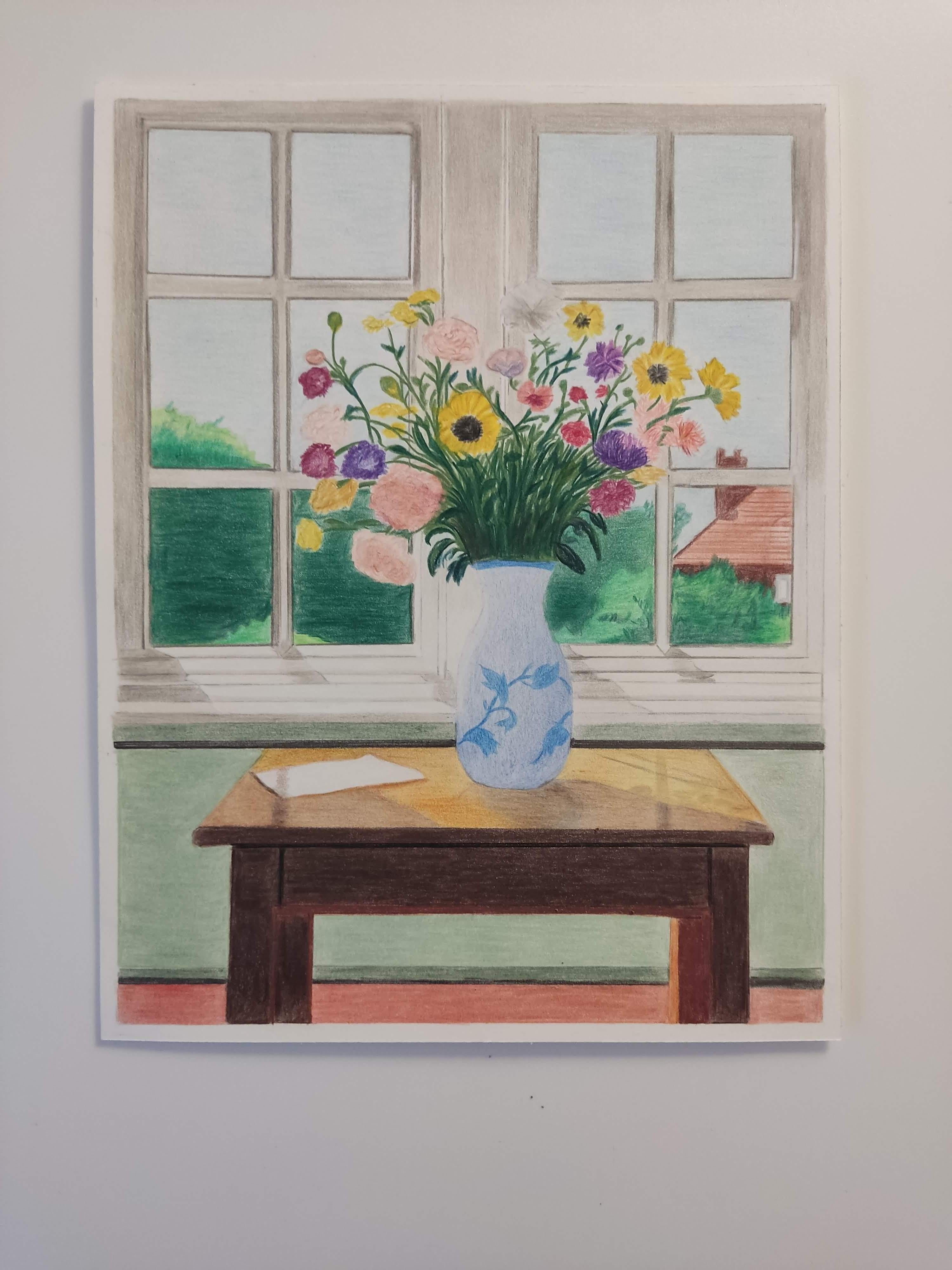 News From a Faraway Land, Original Drawing, Interior Scene, Vase, flowers For Sale 2