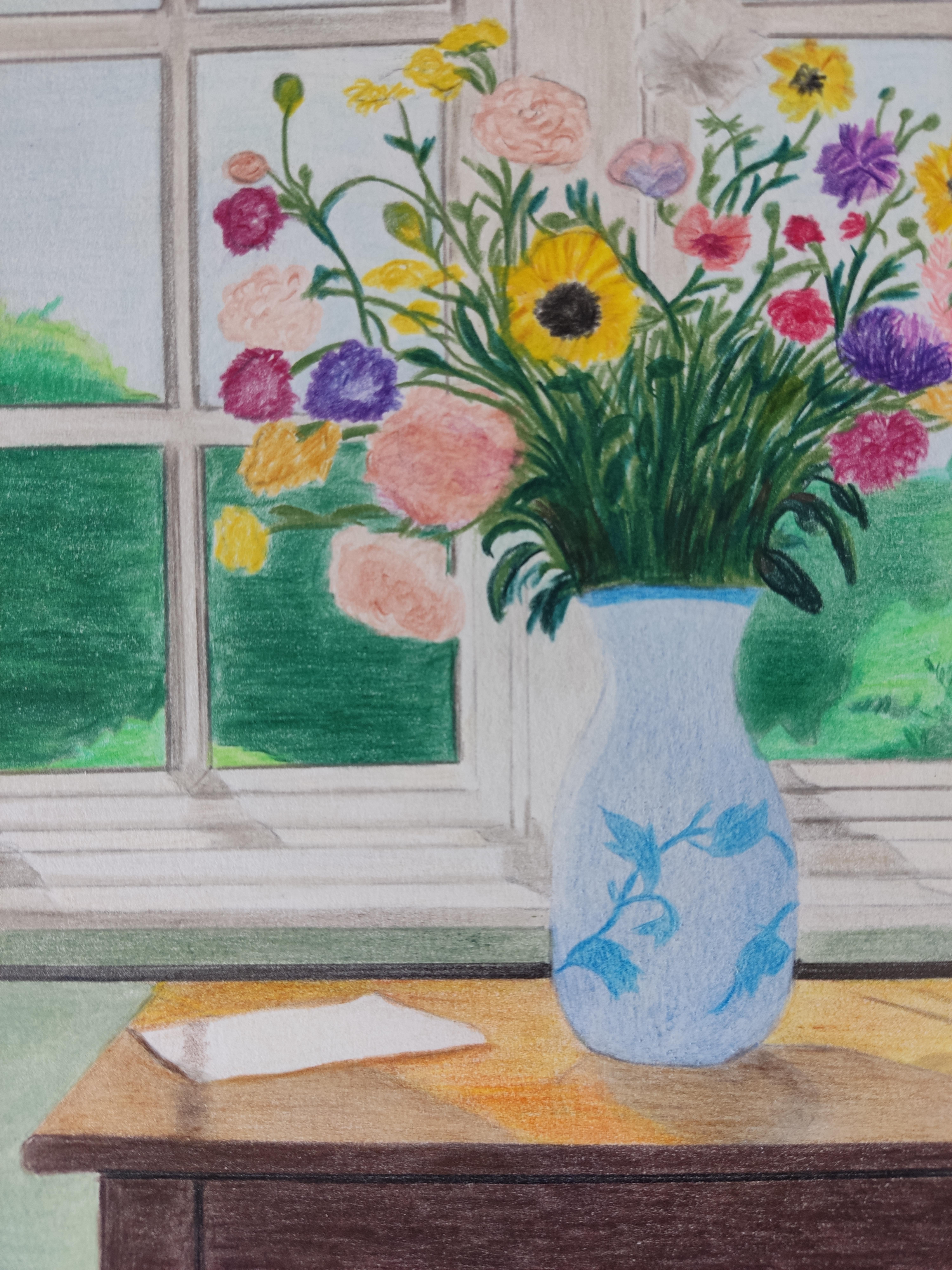 News From a Faraway Land, Original Drawing, Interior Scene, Vase, flowers For Sale 7