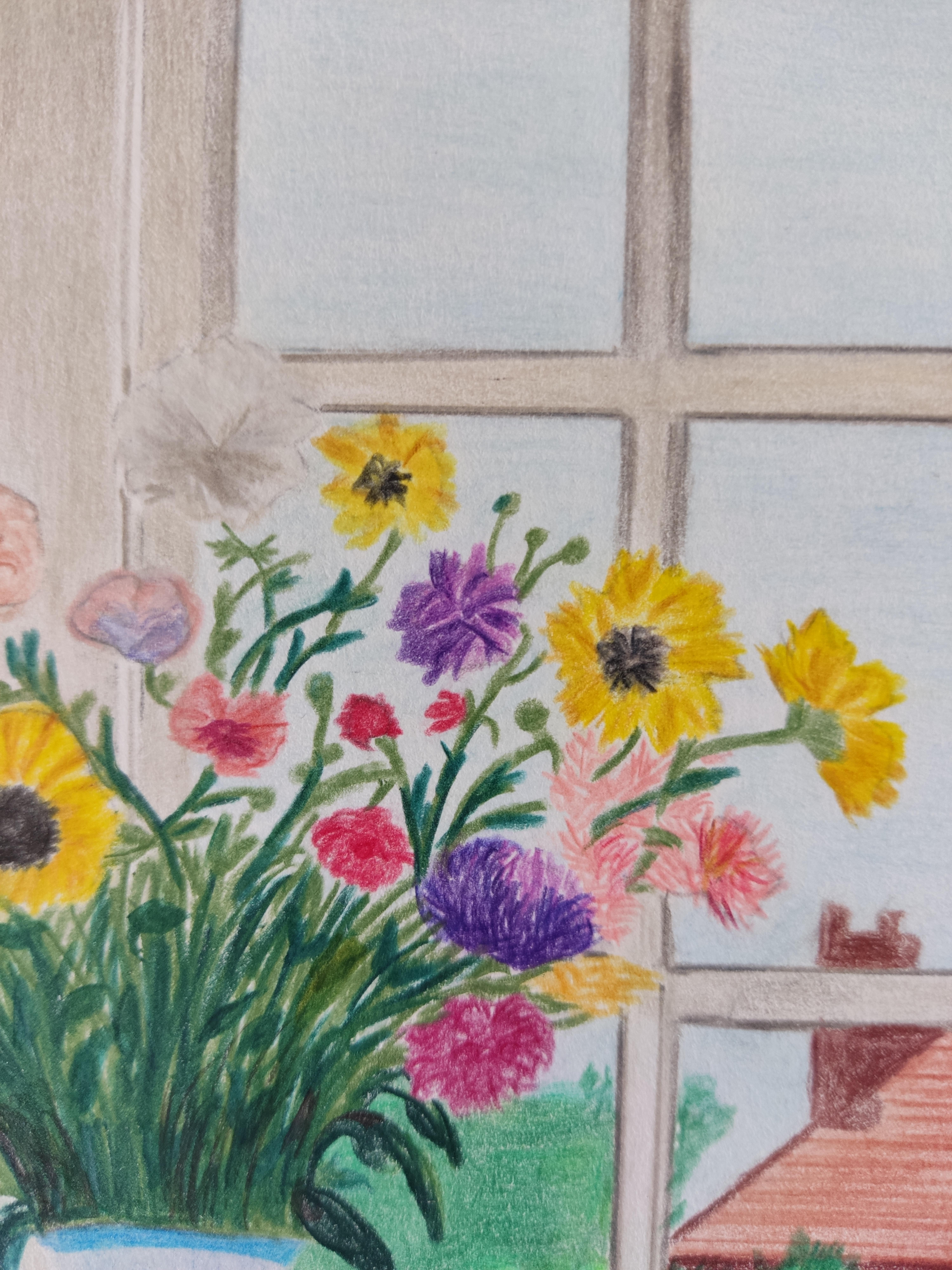 News From a Faraway Land, Original Drawing, Interior Scene, Vase, flowers For Sale 6