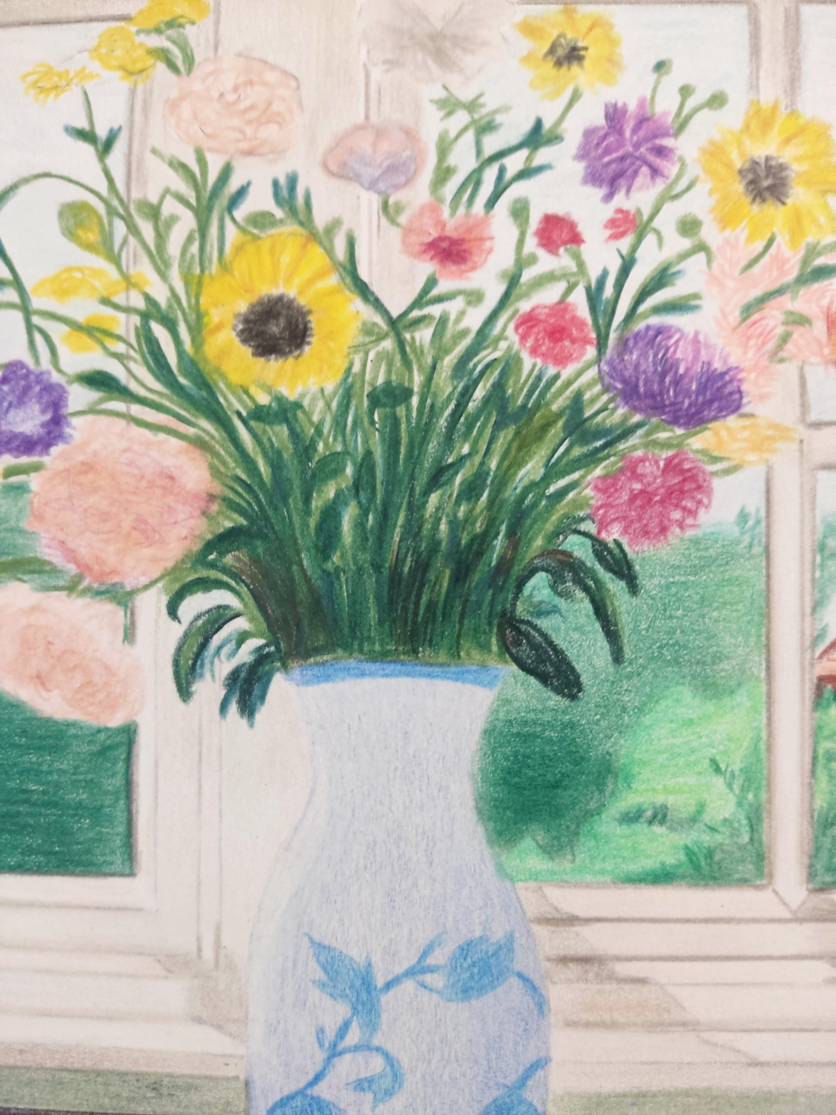 News From a Faraway Land, Original Drawing, Interior Scene, Vase, flowers - Art by Gabriel Riesnert