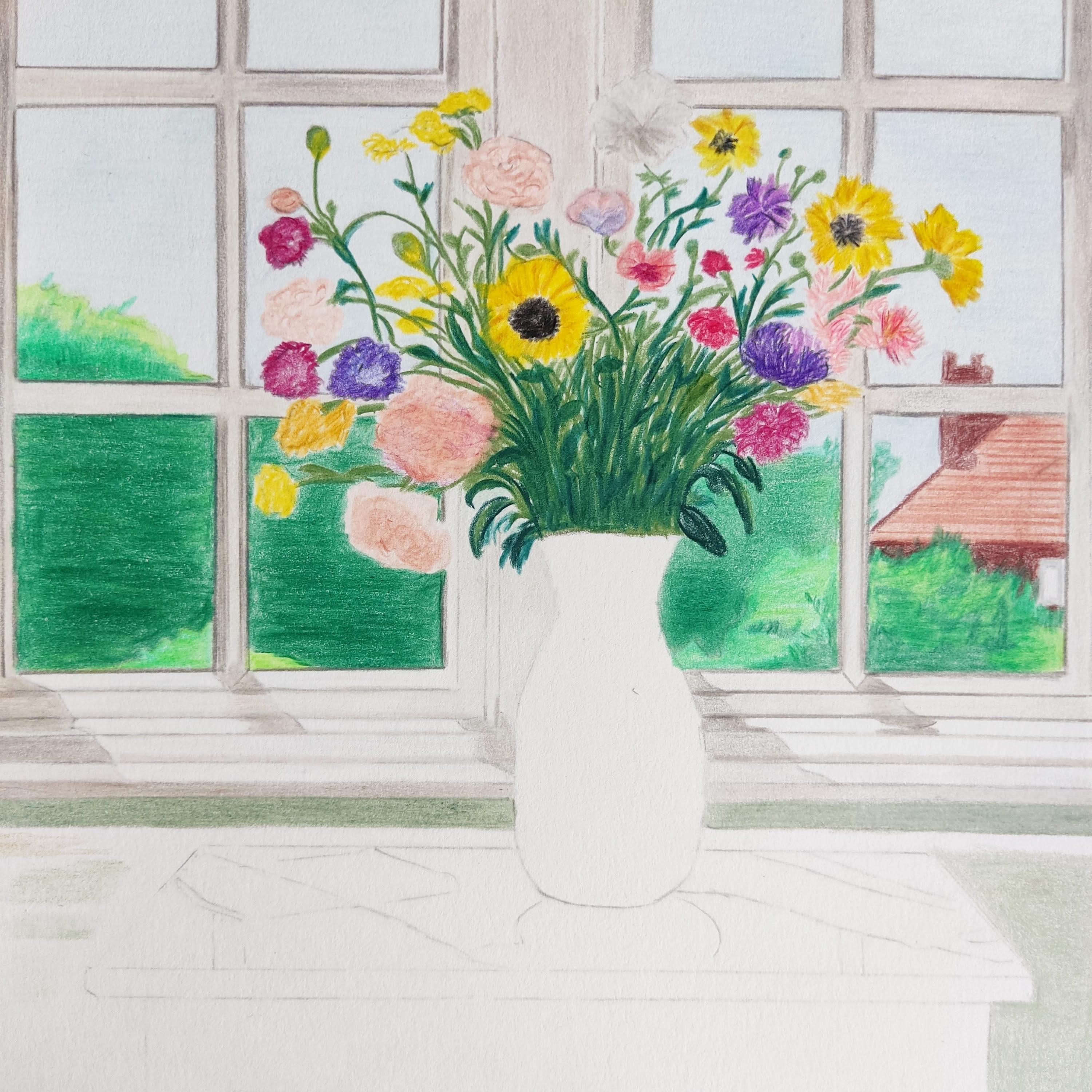 News From a Faraway Land, Original Drawing, Interior Scene, Vase, flowers For Sale 4