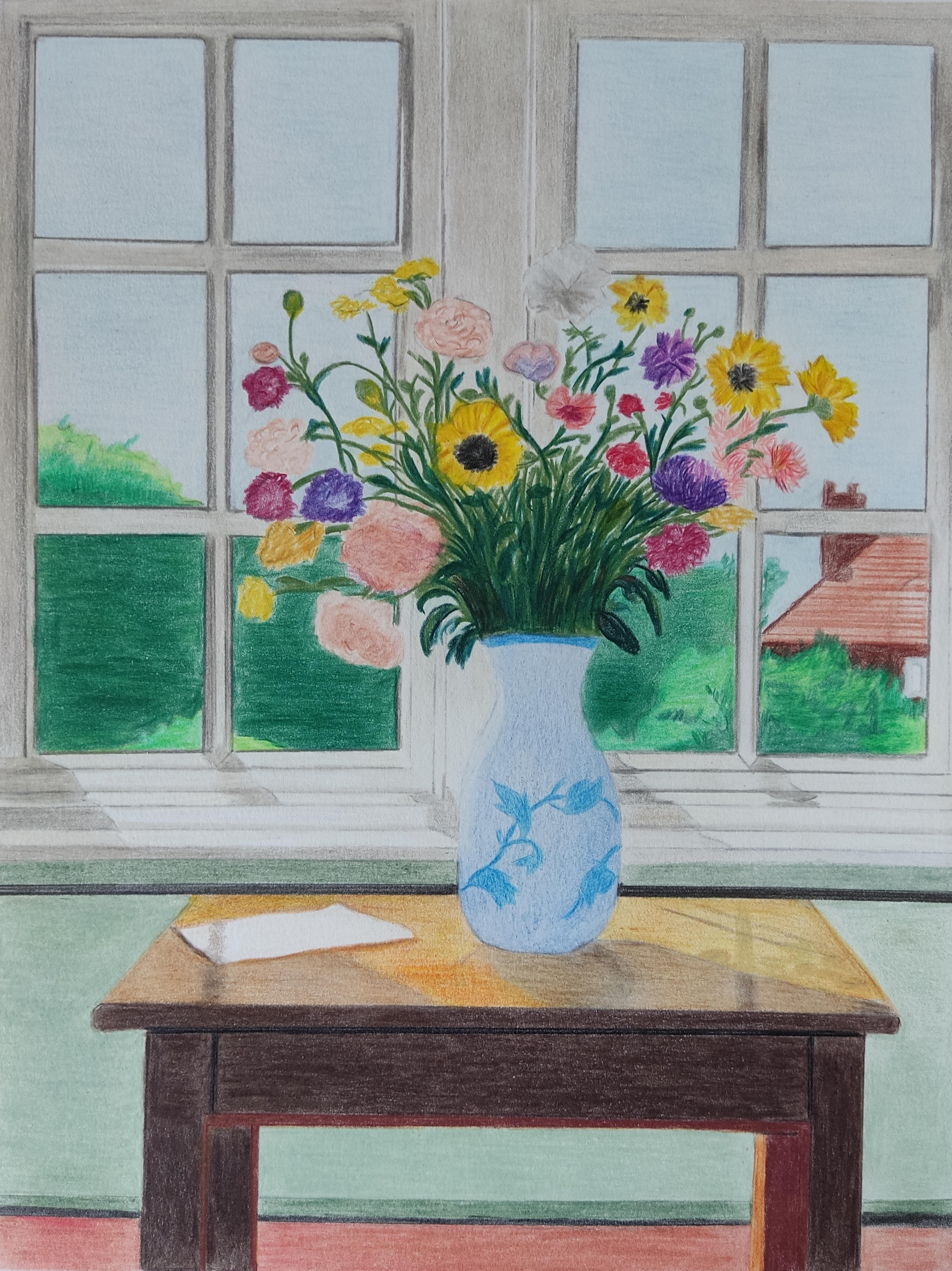 Gabriel Riesnert Still-Life - News From a Faraway Land, Original Drawing, Interior Scene, Vase, flowers