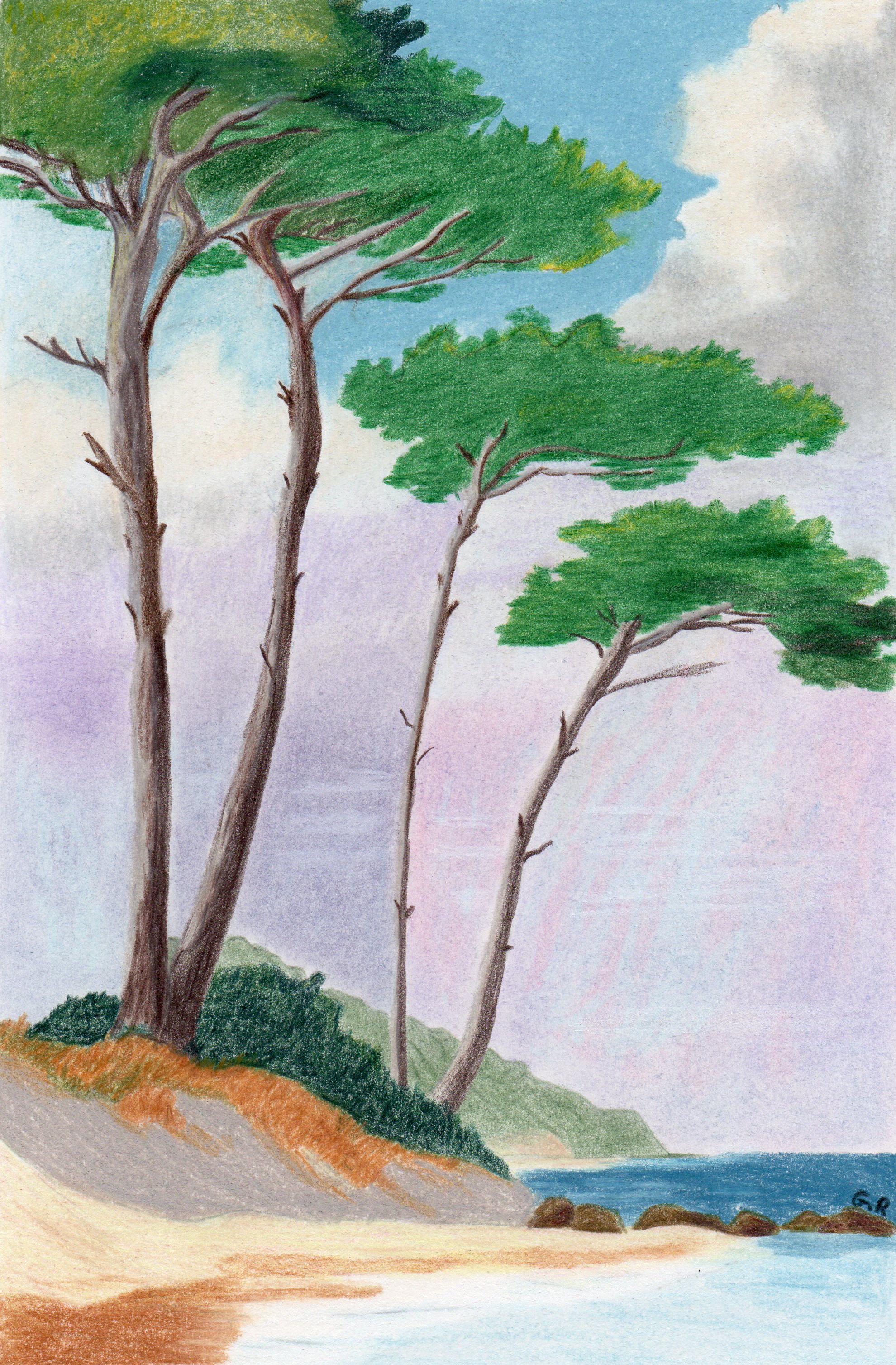 Au Bord de l'eau, Originalzeichnung, Pastell, Meereslandschaft, Bäume entlang der Küste
