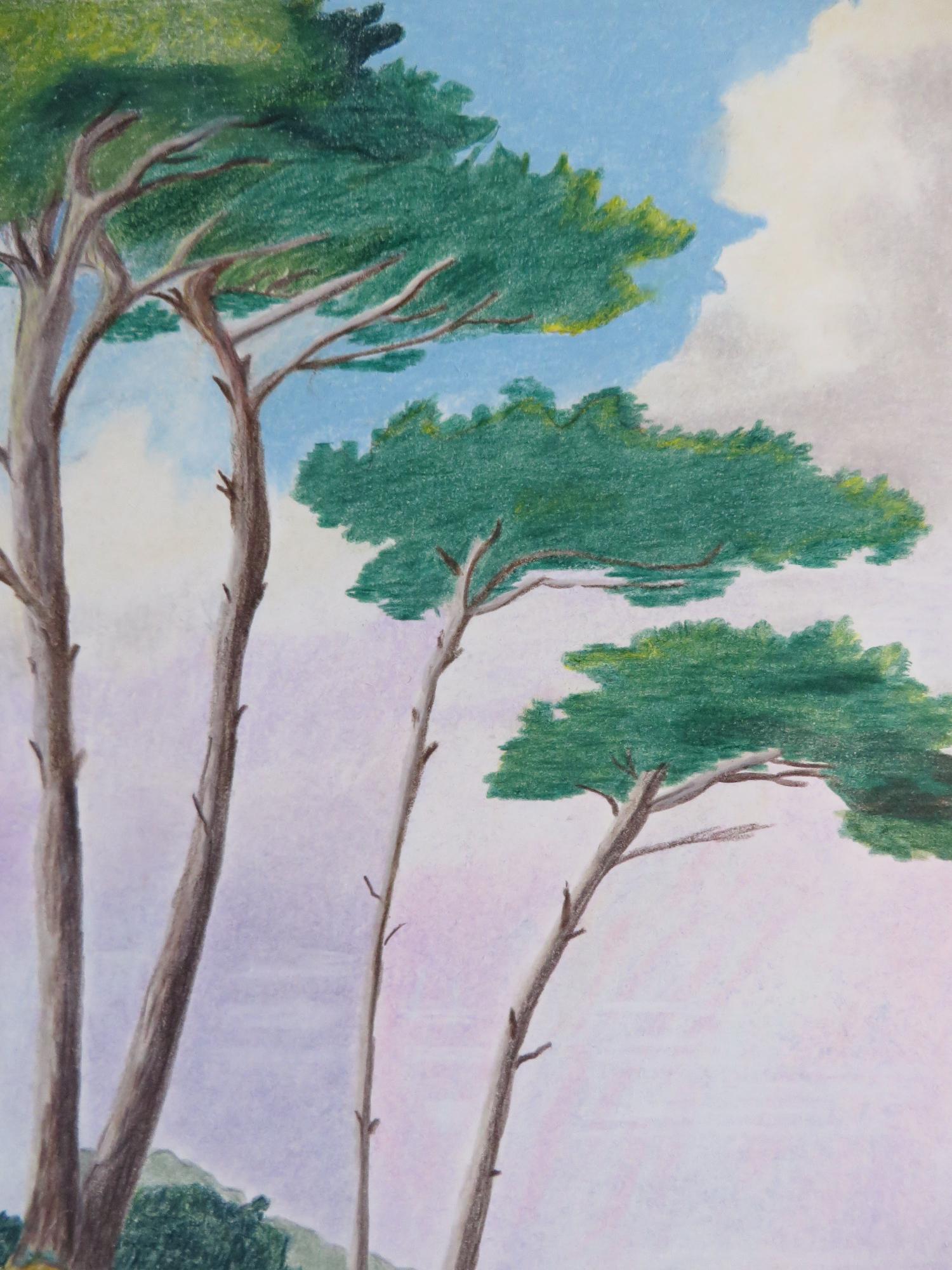 Au bord de l'eau, Original Drawing, Pastel, Seascape, Trees along the seafront - Art by Gabriel Riesnert