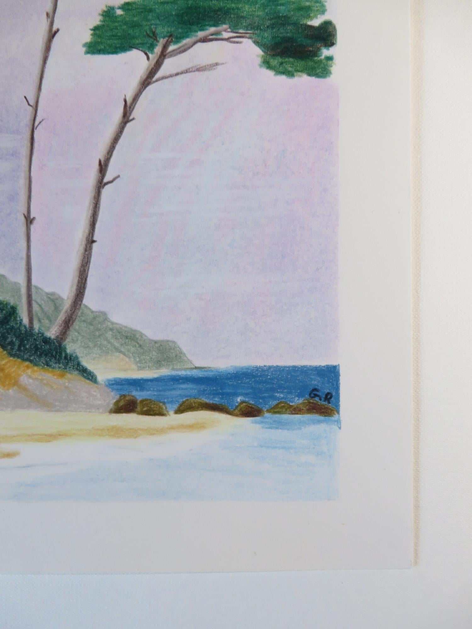 Au Bord de l'eau, Originalzeichnung, Pastell, Meereslandschaft, Bäume entlang der Küste (Grau), Figurative Art, von Gabriel Riesnert