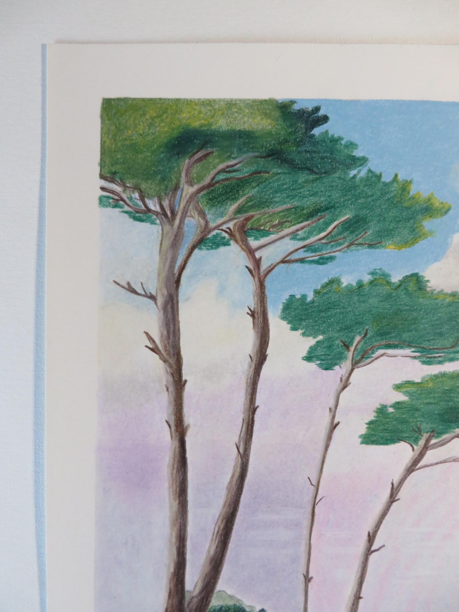 Au bord de l'eau, Original Drawing, Pastel, Seascape, Trees along the seafront For Sale 1