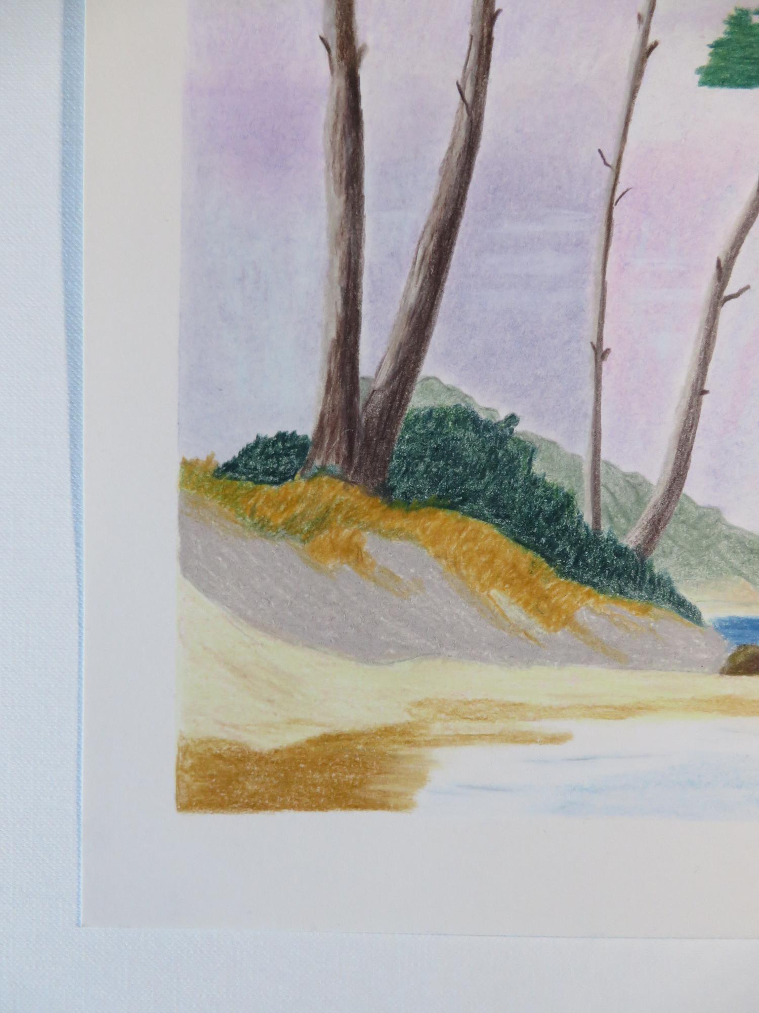 Au bord de l'eau, Original Drawing, Pastel, Seascape, Trees along the seafront For Sale 2