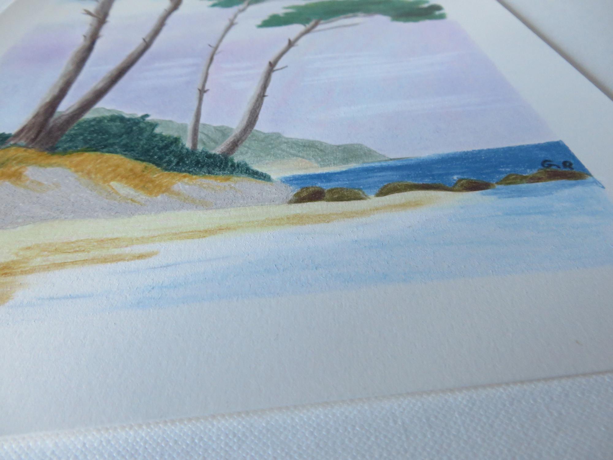 Au bord de l'eau, Original Drawing, Pastel, Seascape, Trees along the seafront For Sale 3