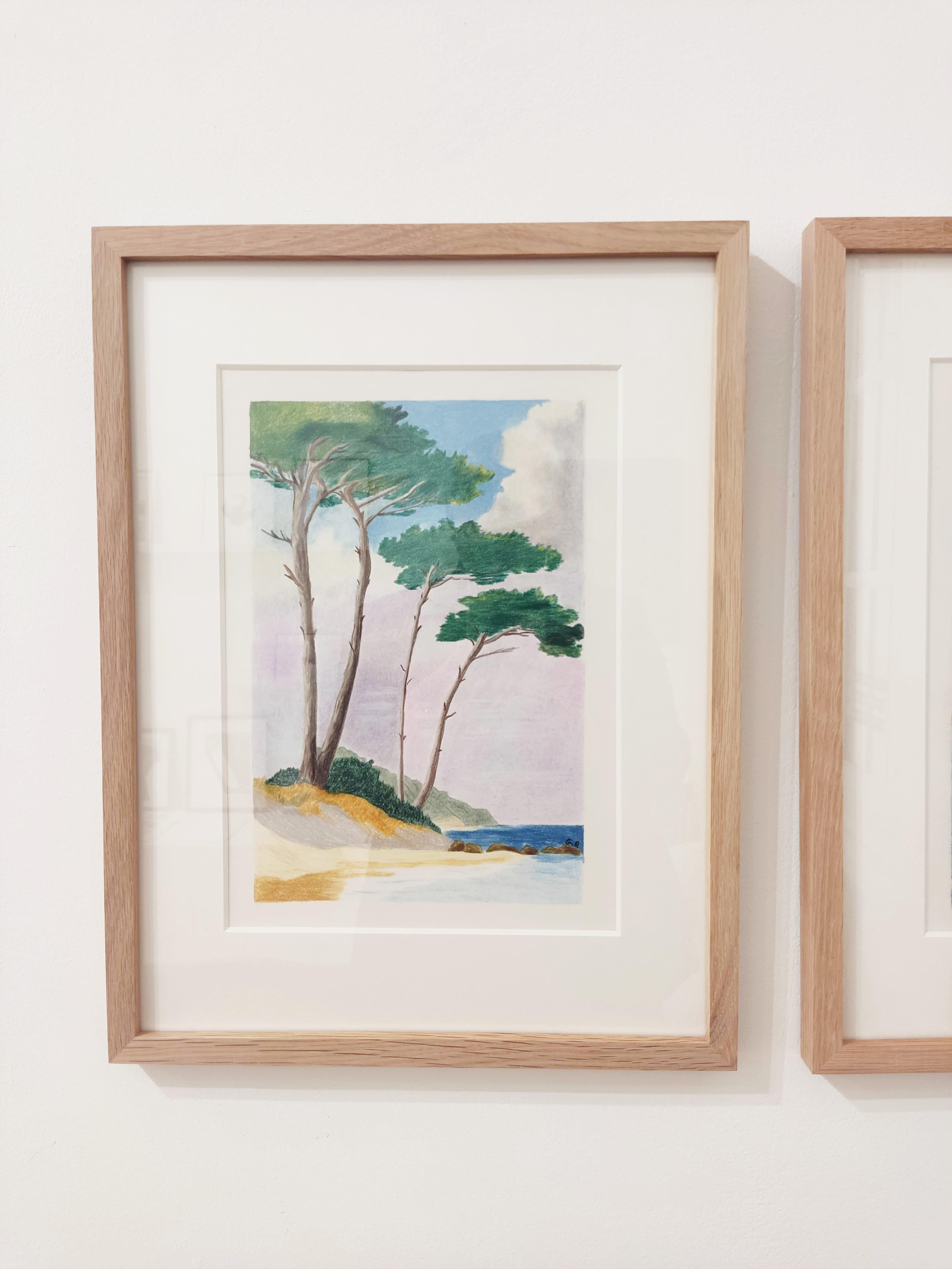 Au Bord de l'eau, Originalzeichnung, Pastell, Meereslandschaft, Bäume entlang der Küste – Art von Gabriel Riesnert
