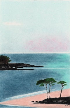 Vintage Paysage Minimal, Original Pastel Drawing, Seascape, Sea, Beach