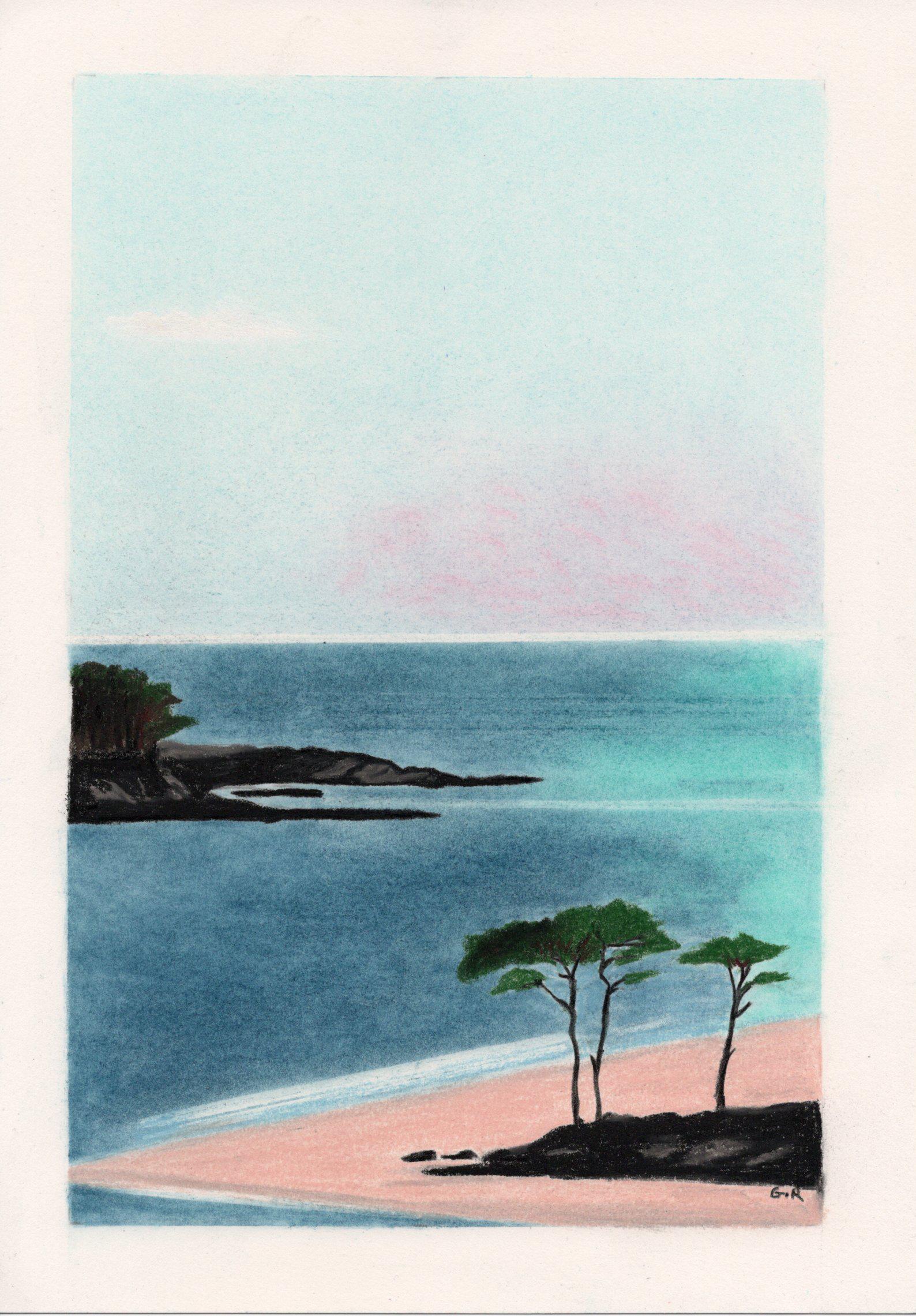 Paysage Minimal, Original pastellfarbene Zeichnung, Meereslandschaft, Meer, Strand – Art von Gabriel Riesnert