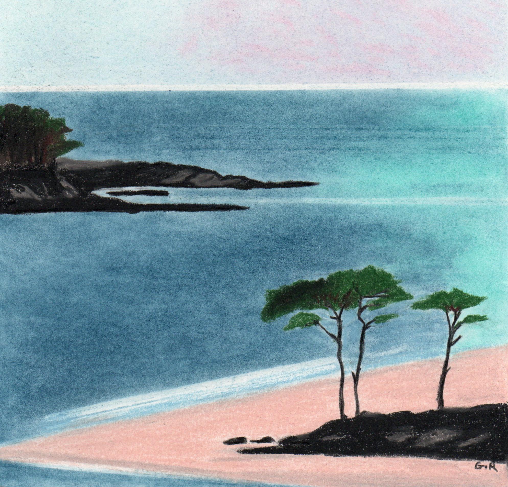 Paysage Minimal, Original pastellfarbene Zeichnung, Meereslandschaft, Meer, Strand (Blau), Landscape Art, von Gabriel Riesnert