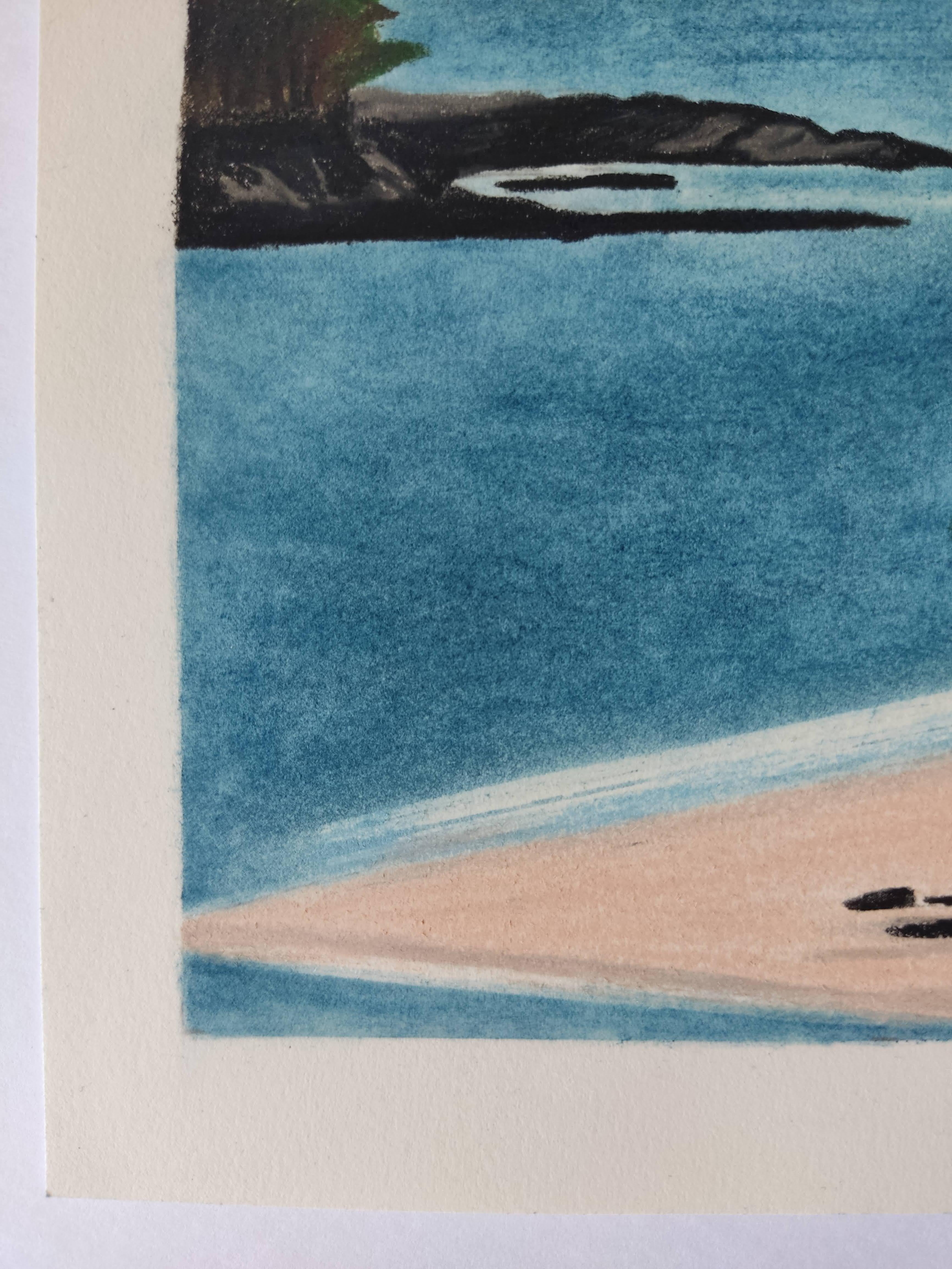 Paysage Minimal, dessin original au pastel, paysage marin, mer, plage - Contemporain Art par Gabriel Riesnert