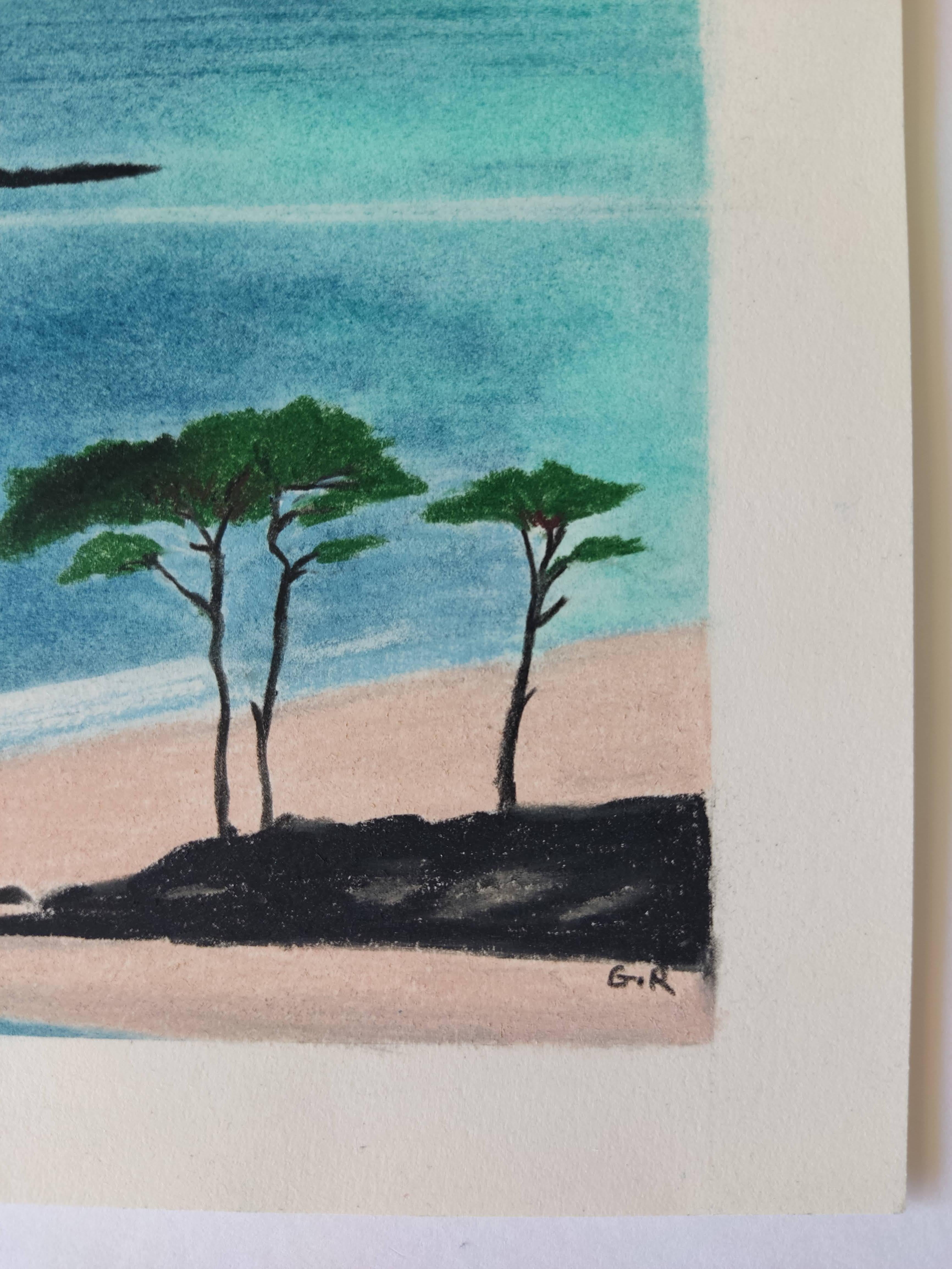 Paysage Minimal, dessin original au pastel, paysage marin, mer, plage - Bleu Landscape Art par Gabriel Riesnert