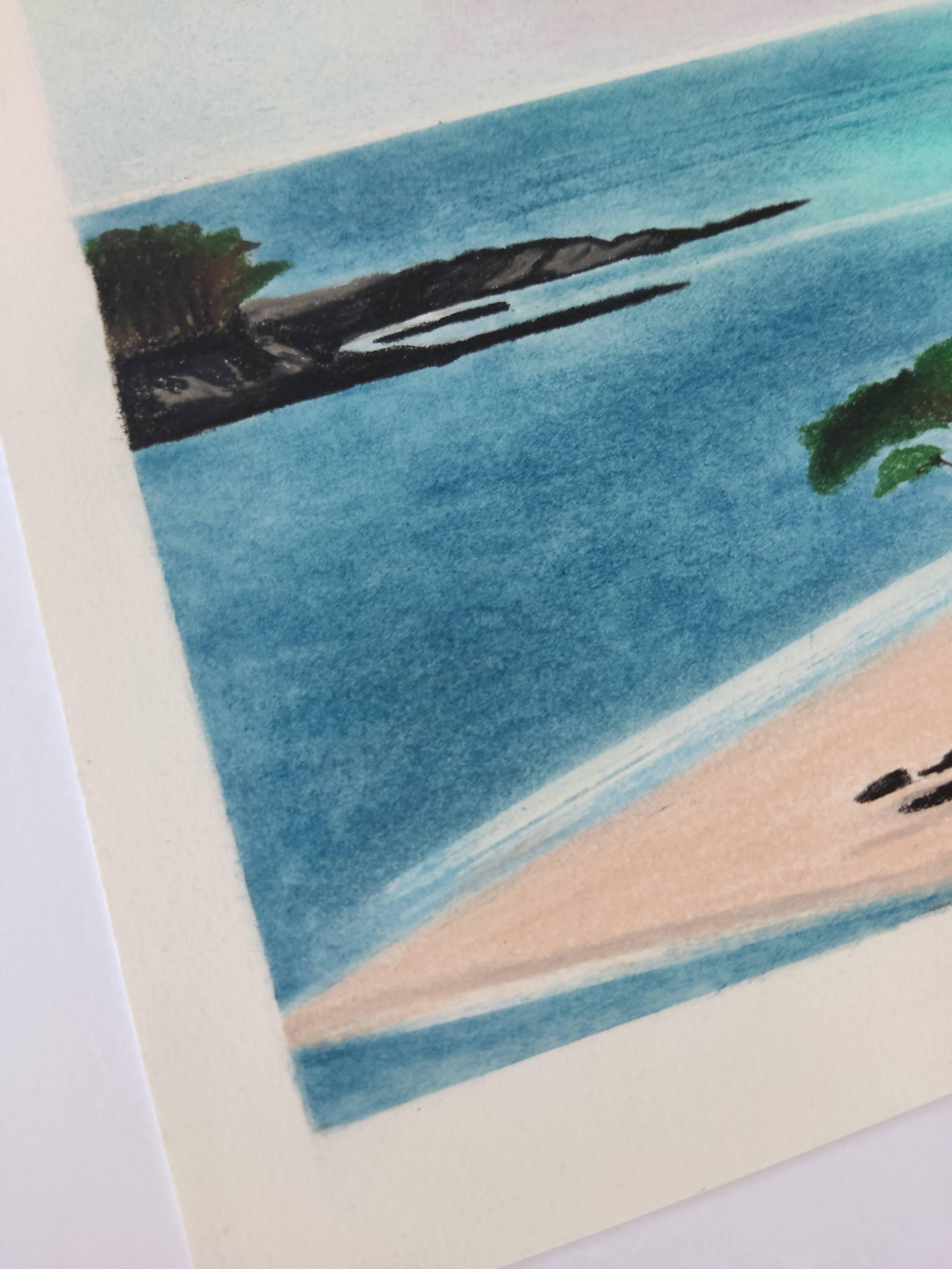Paysage Minimal, Original pastellfarbene Zeichnung, Meereslandschaft, Meer, Strand im Angebot 2