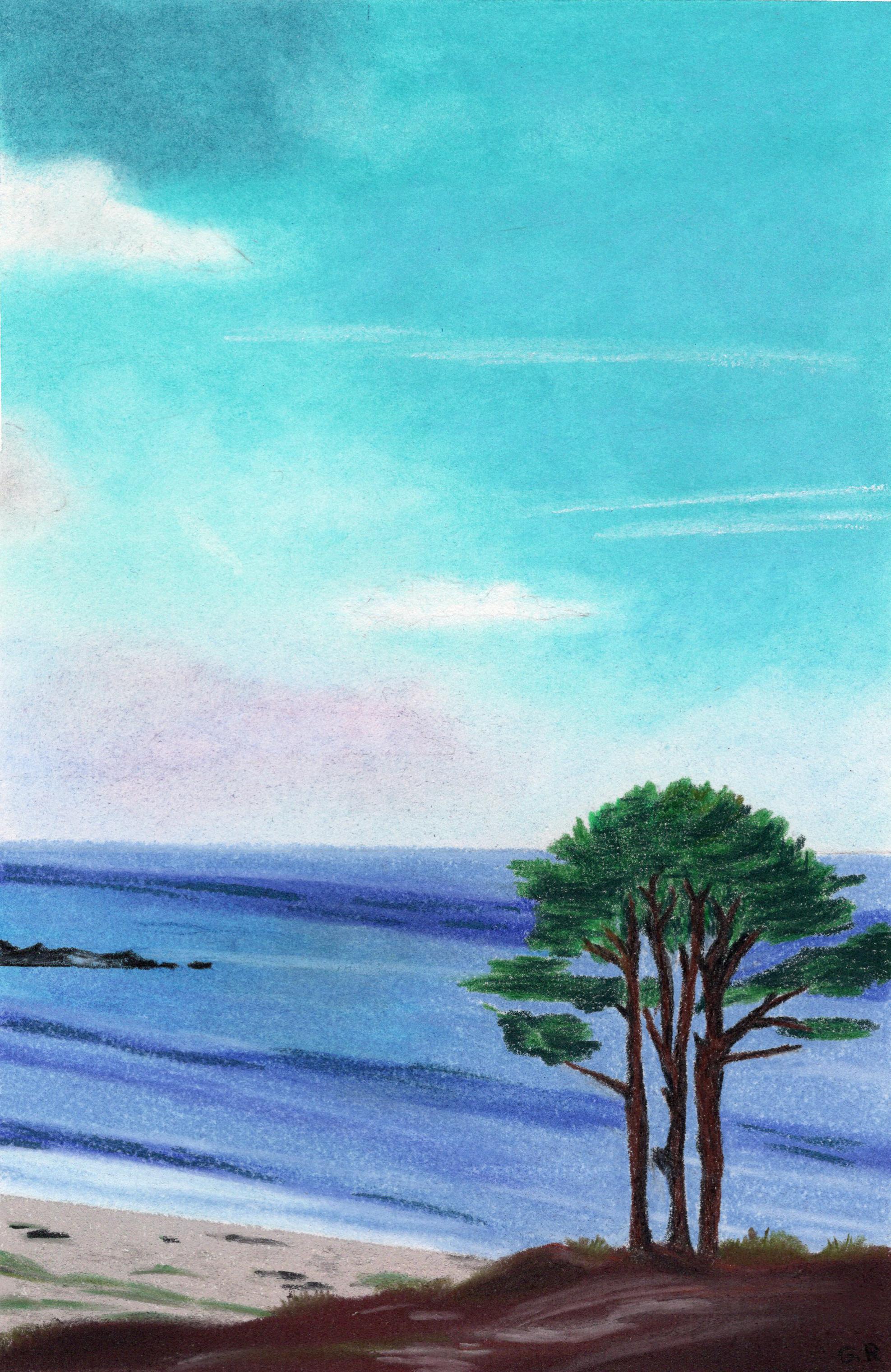 Paysage Minimal, Original pastellfarbene Zeichnung, Meereslandschaft, Meer, Strand