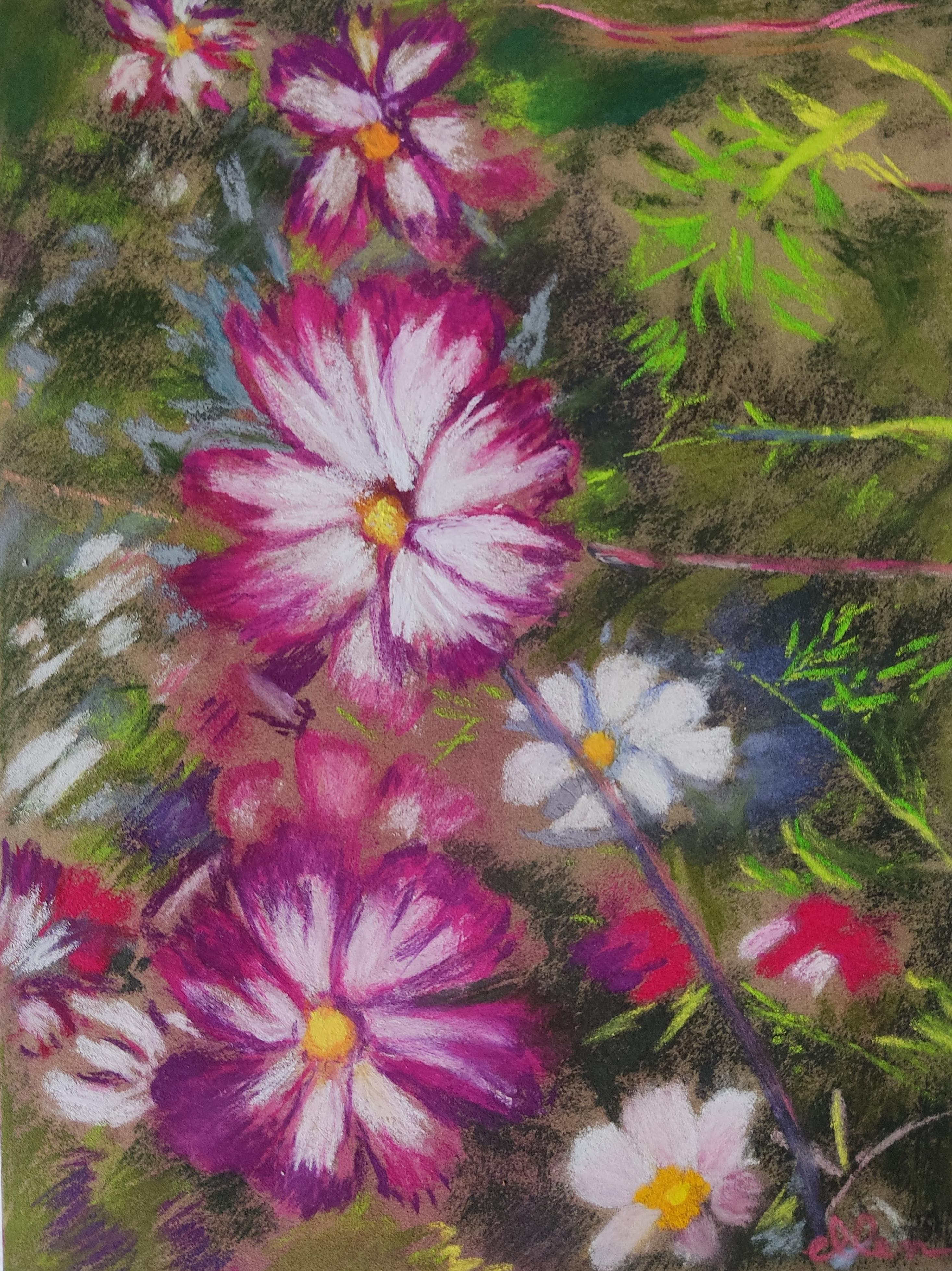 Landscape Art Unknown - Flowers de jardin, dessin original au pastel, couleur, France, impressionnisme