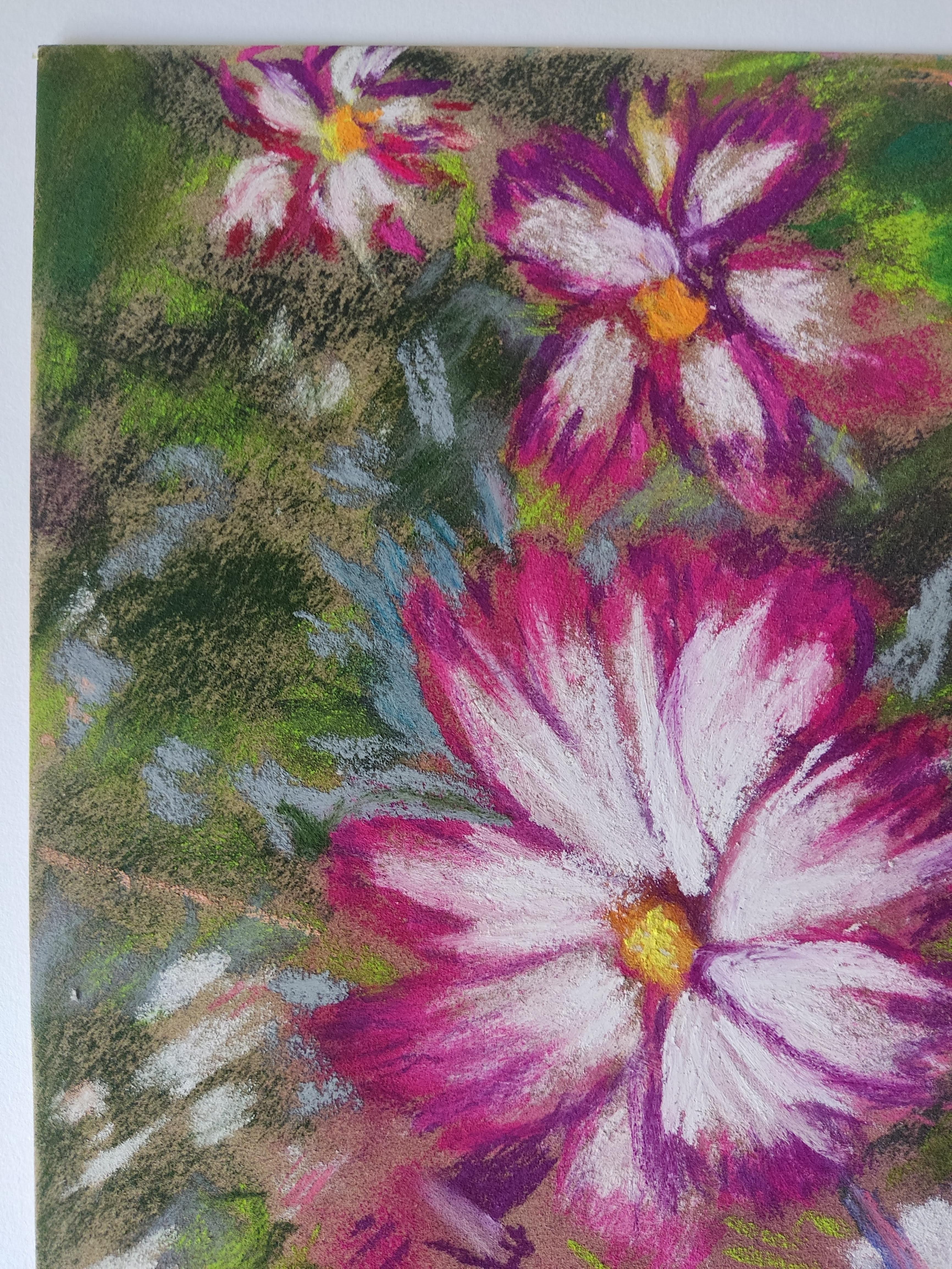 Flowers de jardin, dessin original au pastel, couleur, France, impressionnisme - Art de Unknown