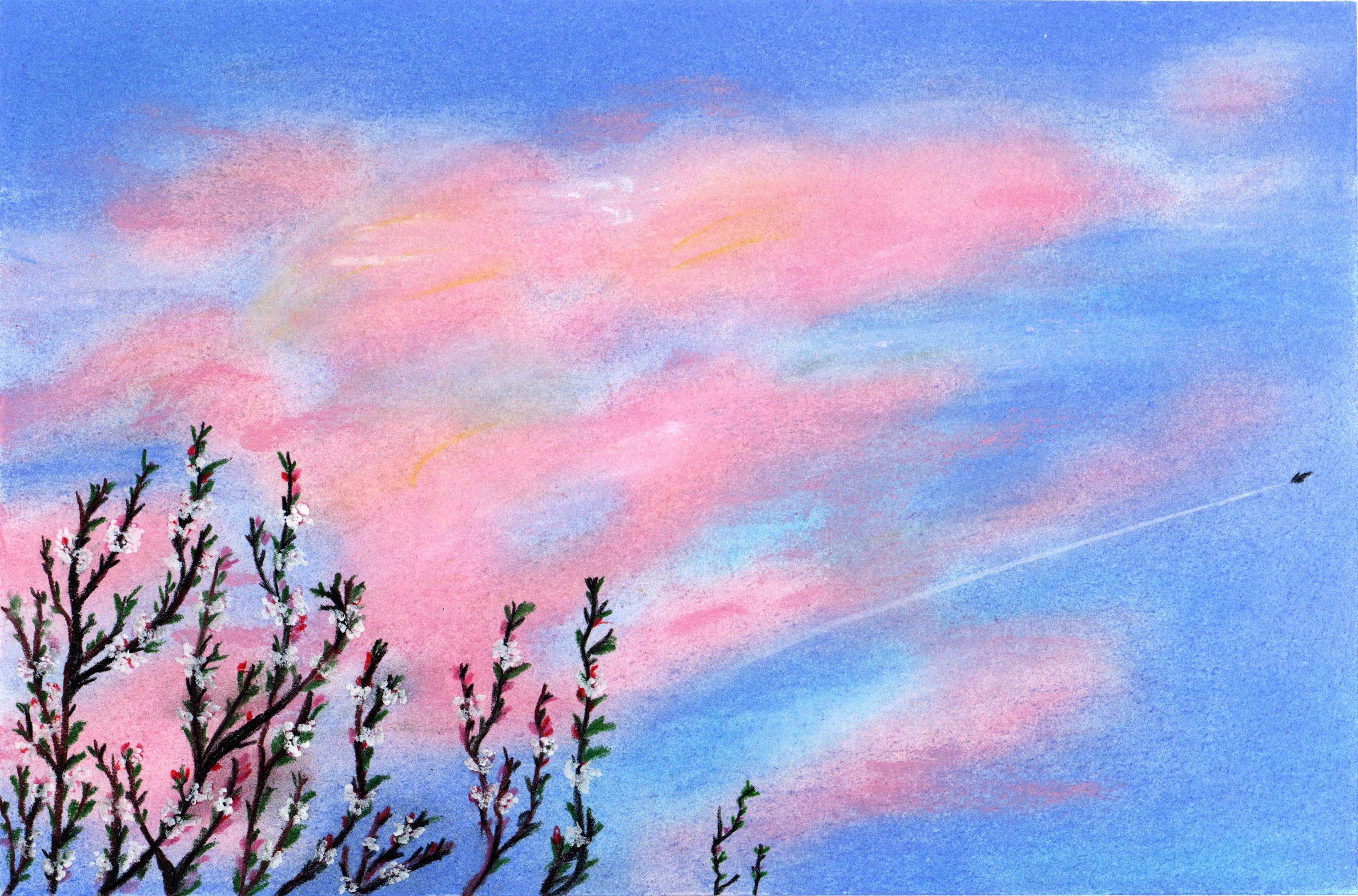 Ciel au Printemps, dessin au pastel, ciel, printemps