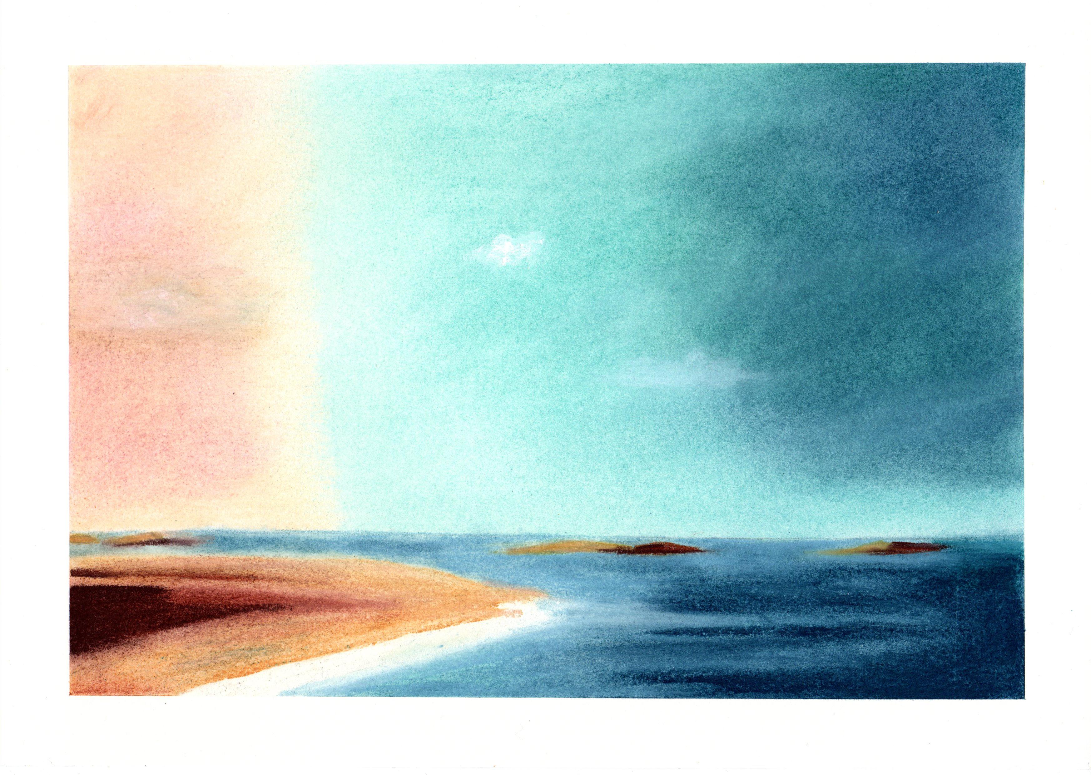 Paysage minimal, dessin original au pastel, paysage marin, mer, plage