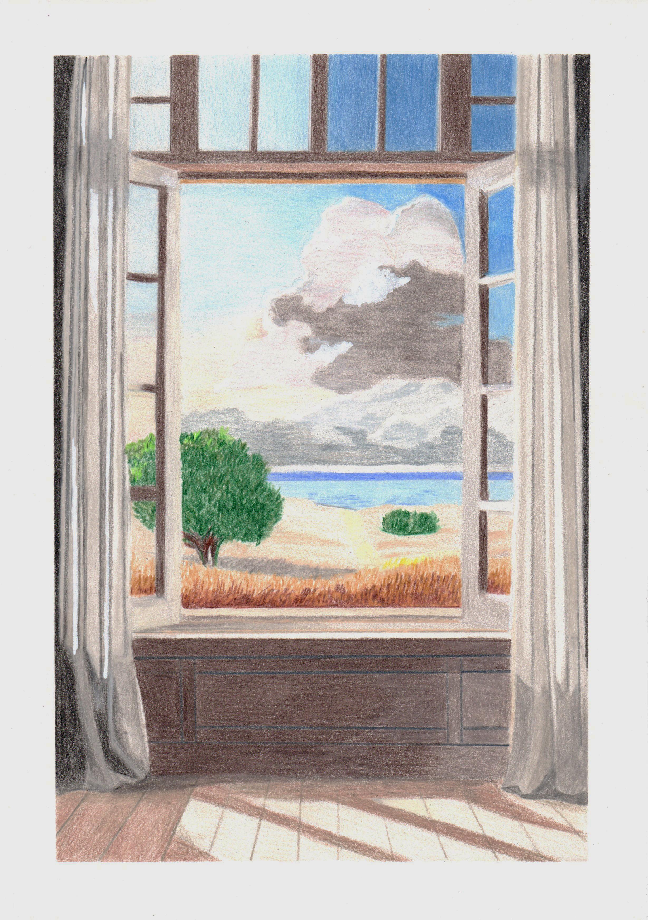 Offenes Fenster, Originalzeichnung, Contemporary Landscape, Interieur