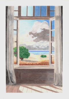 Offenes Fenster, Originalzeichnung, Contemporary Landscape, Interieur