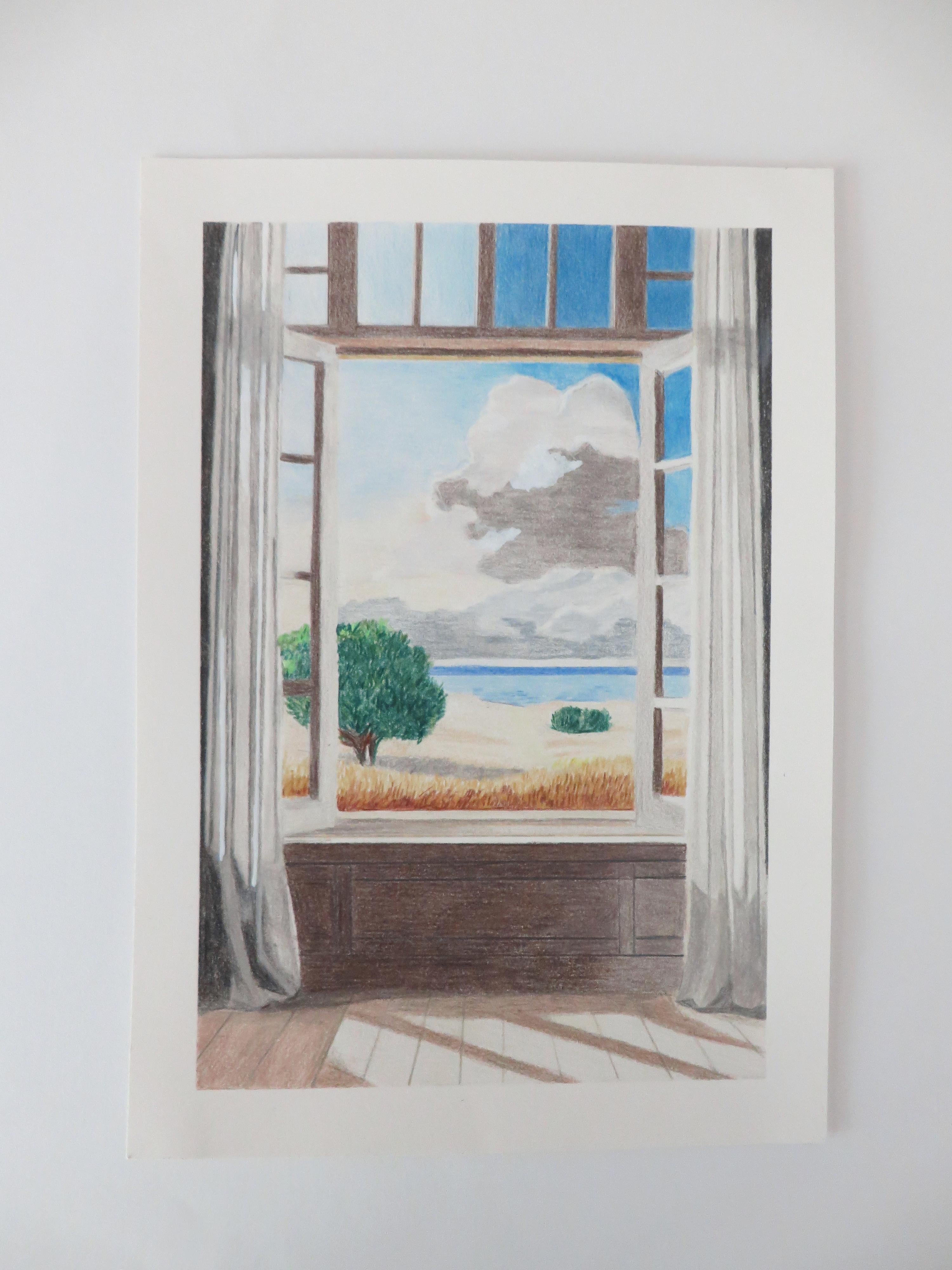 Open Window, Original Drawing, Contemporary Landscape, Interior - Art by Gabriel Riesnert