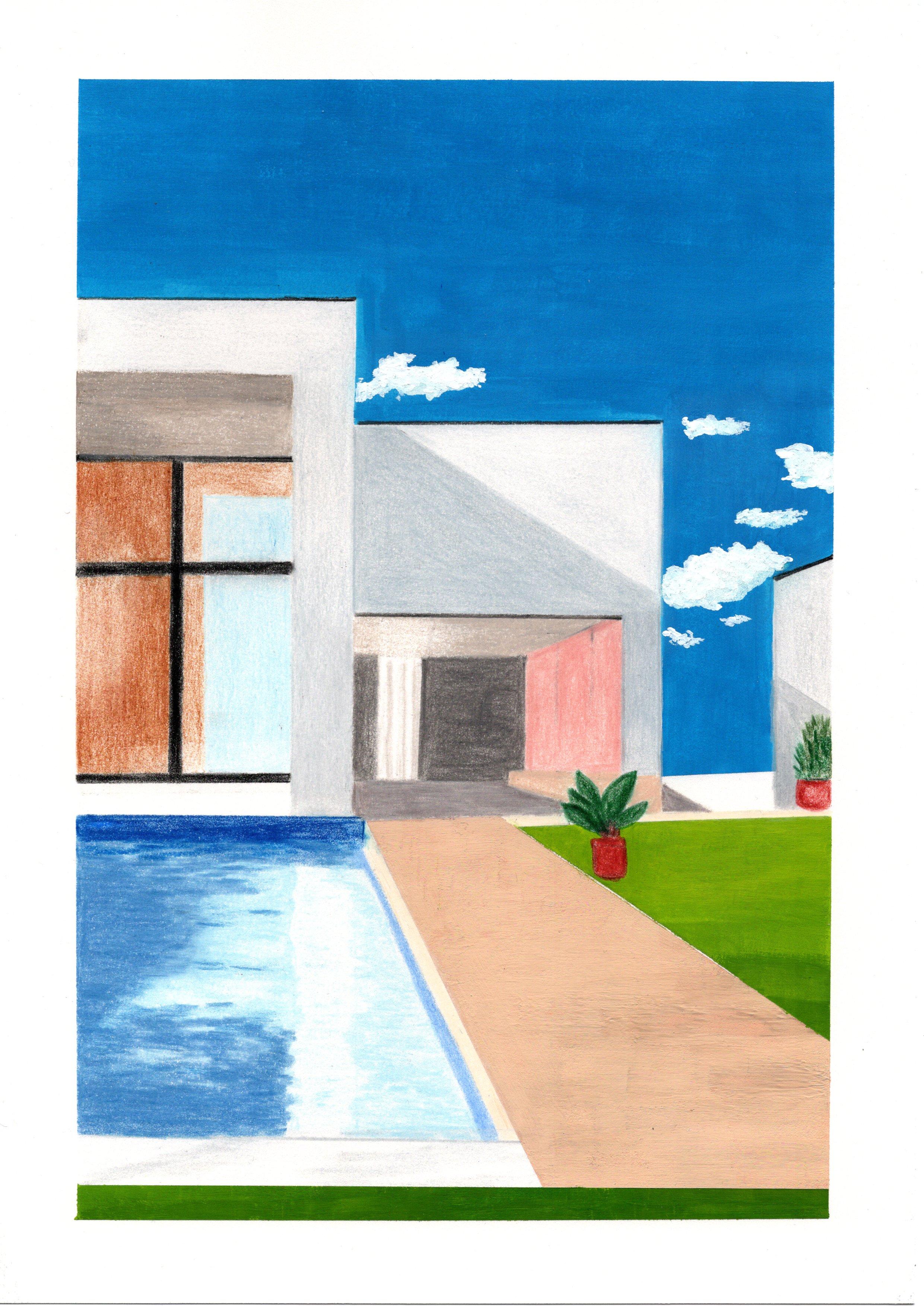 On the Roof, Original Drawing, Gouache, Pool, Contemporary Landscape, Sky