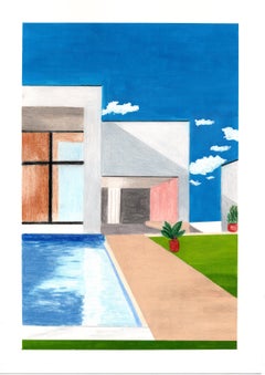 On the Roof, Originalzeichnung, Gouache, POOL, Contemporary Landscape, Himmel