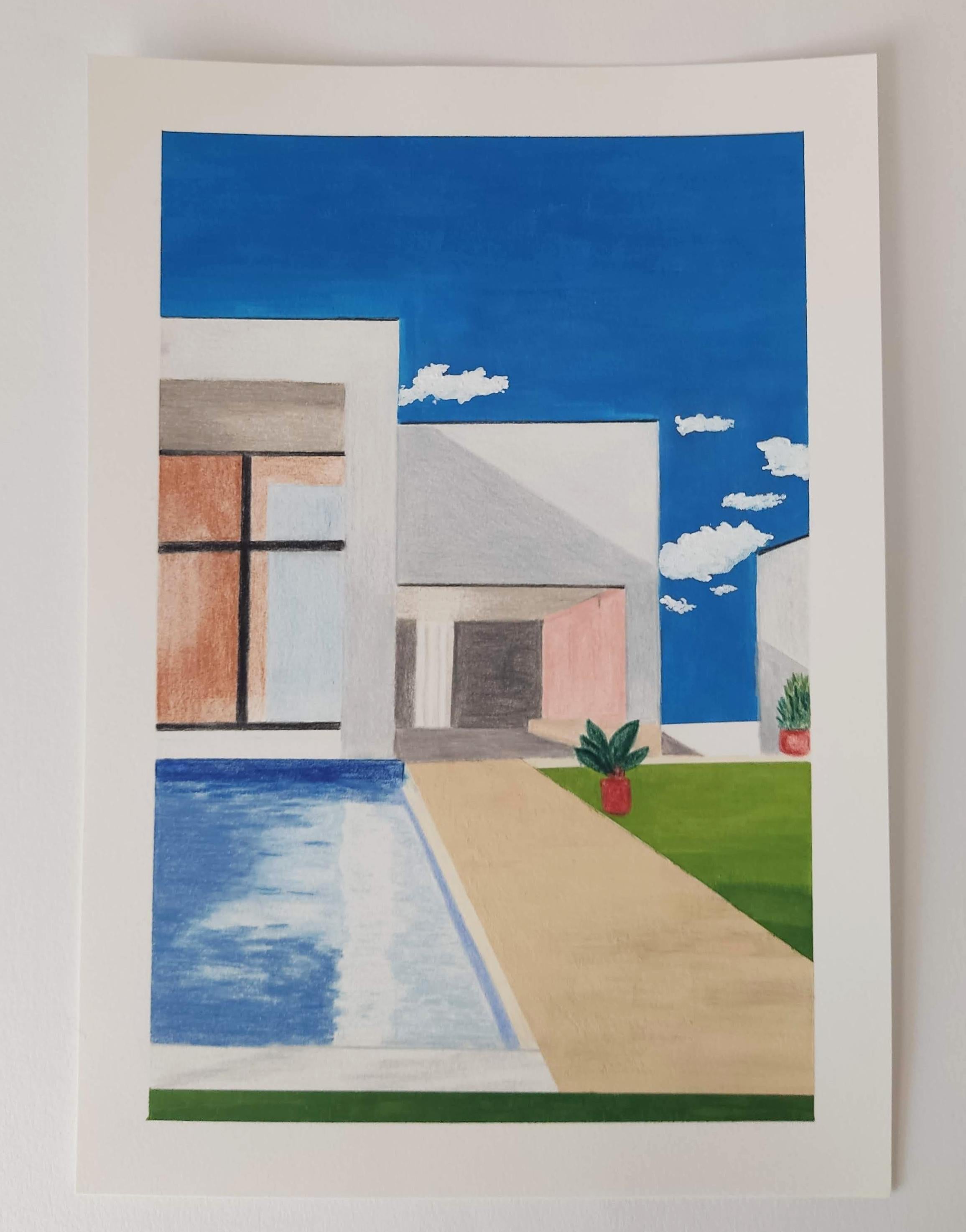 Sur le toit, dessin original, gouache, piscine, paysage contemporain, ciel - Art de Gabriel Riesnert
