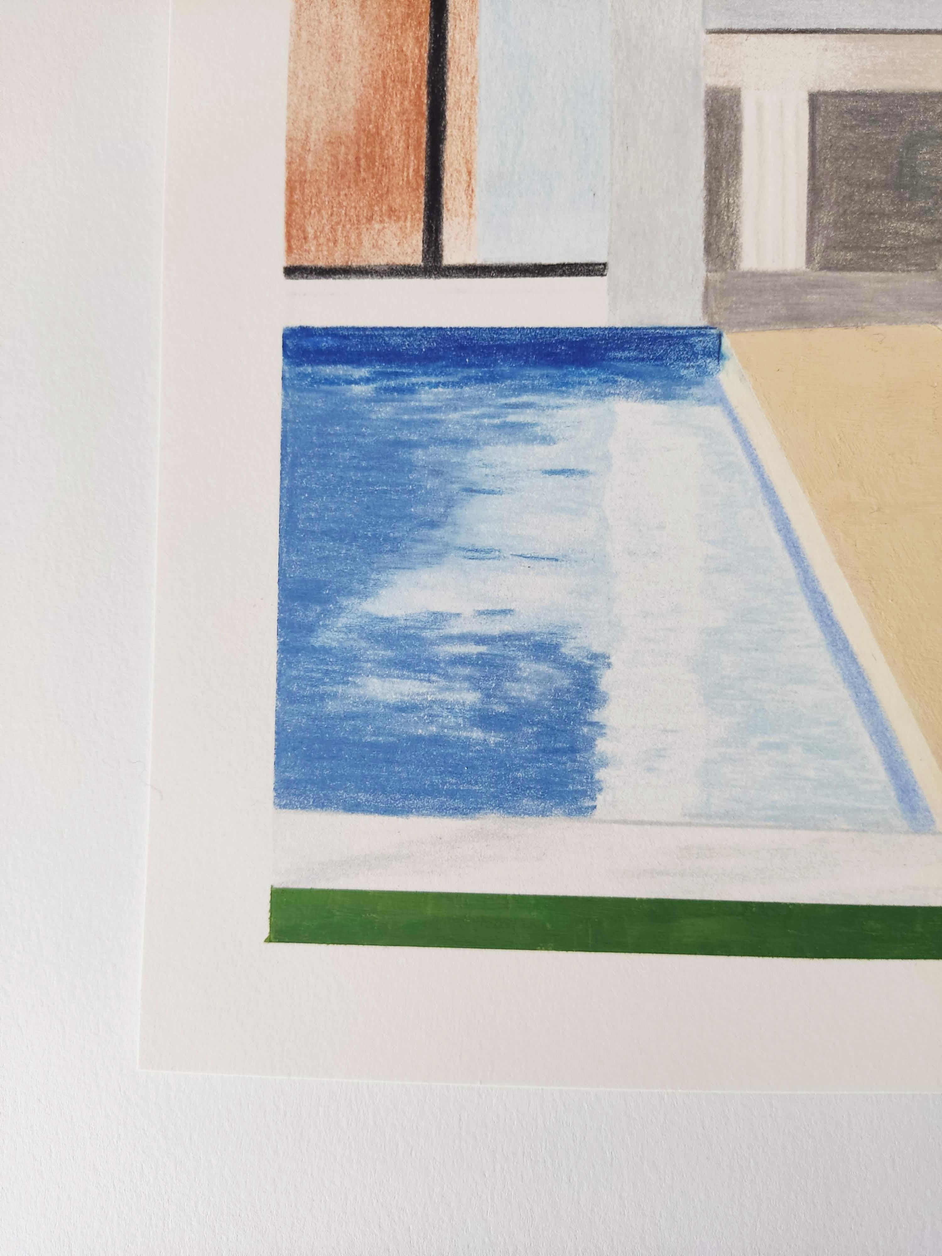 Sur le toit, dessin original, gouache, piscine, paysage contemporain, ciel - Contemporain Art par Gabriel Riesnert