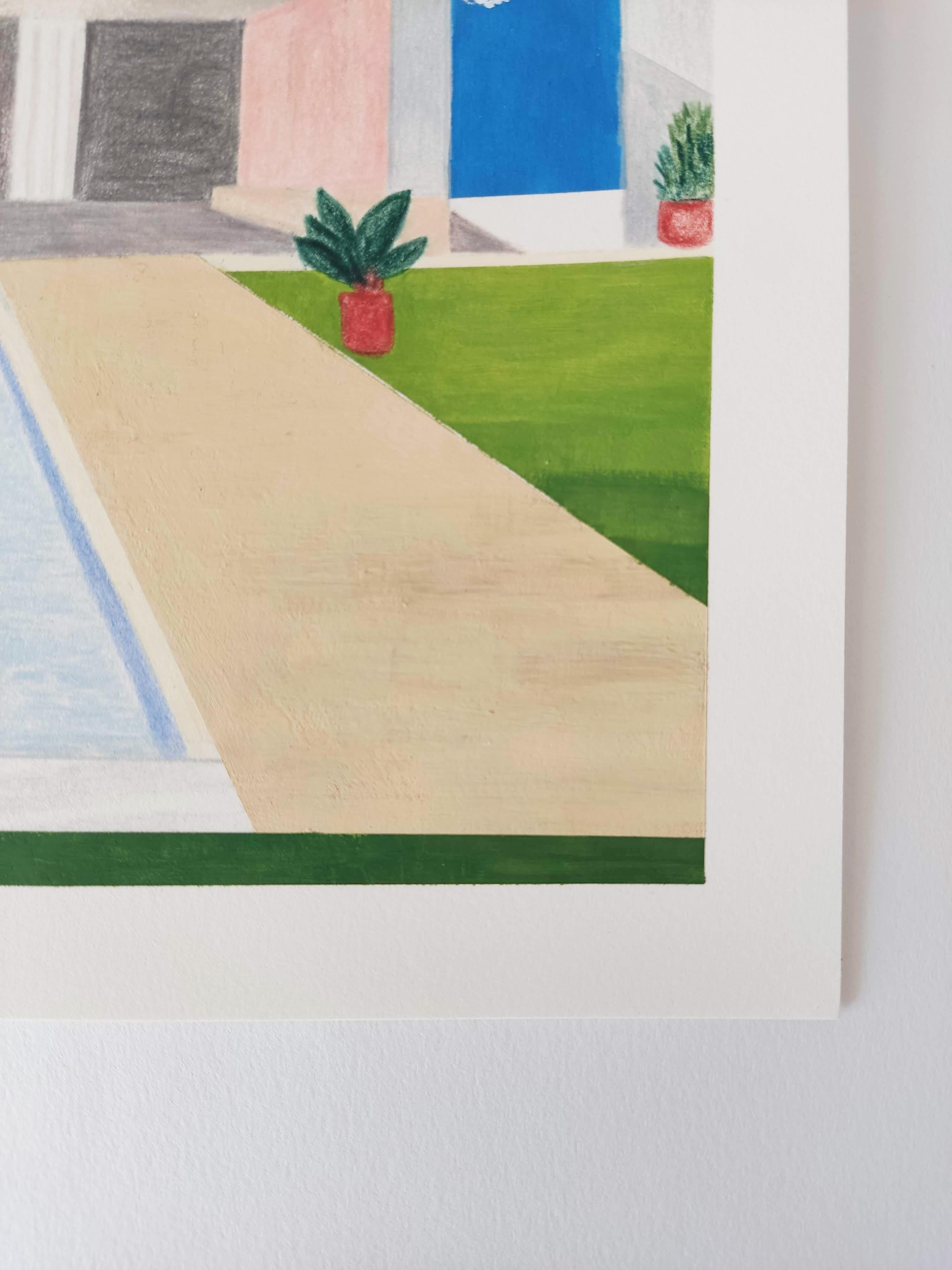 Sur le toit, dessin original, gouache, piscine, paysage contemporain, ciel - Beige Landscape Art par Gabriel Riesnert