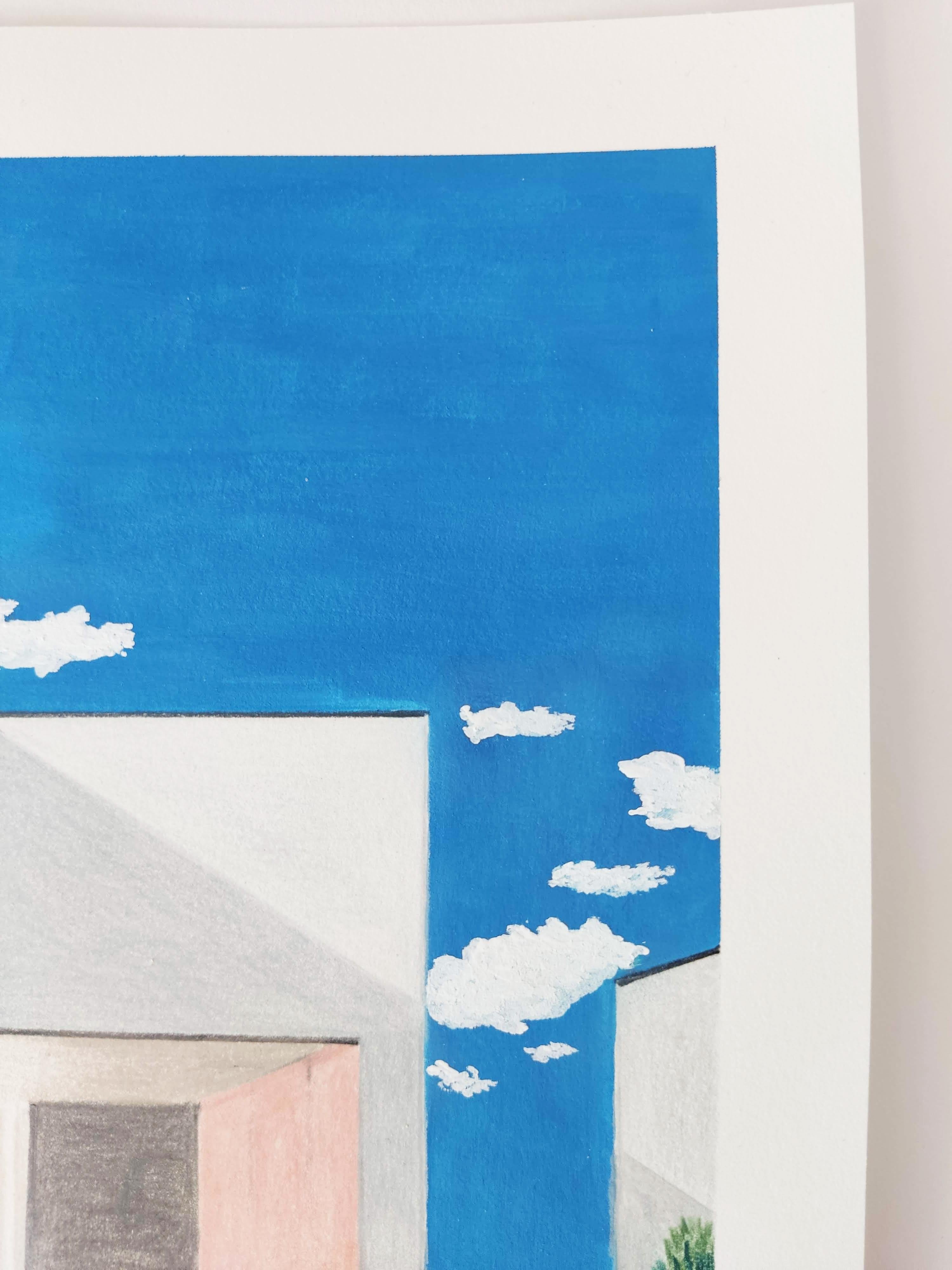 Sur le toit, dessin original, gouache, piscine, paysage contemporain, ciel en vente 1