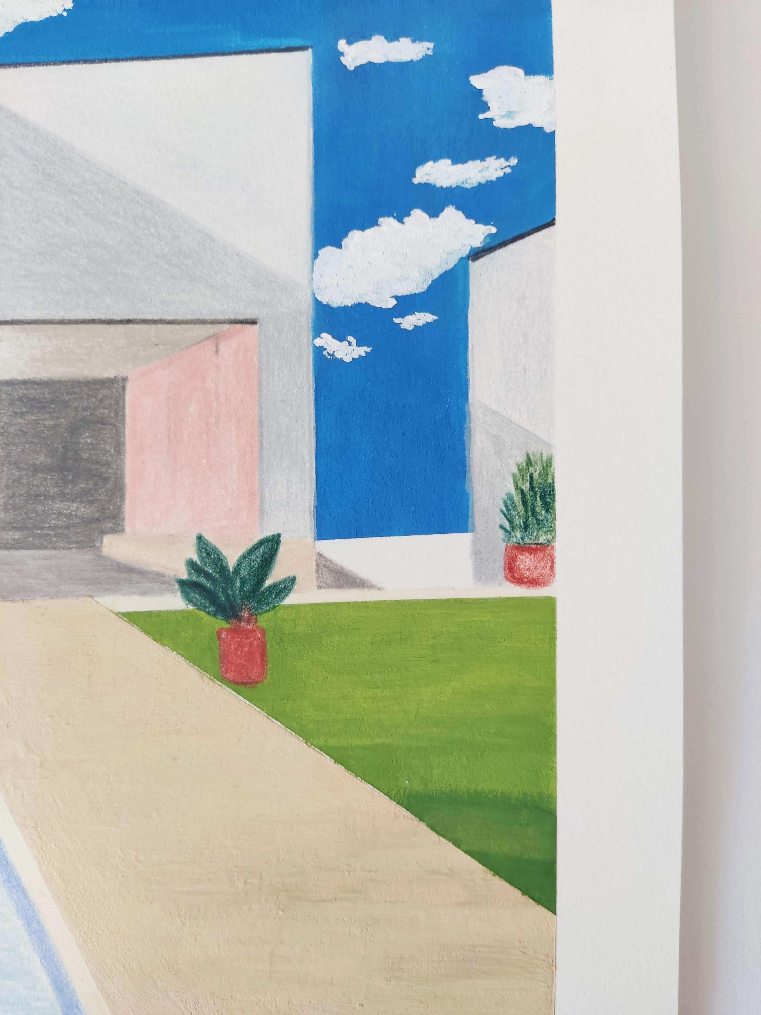 Sur le toit, dessin original, gouache, piscine, paysage contemporain, ciel en vente 2