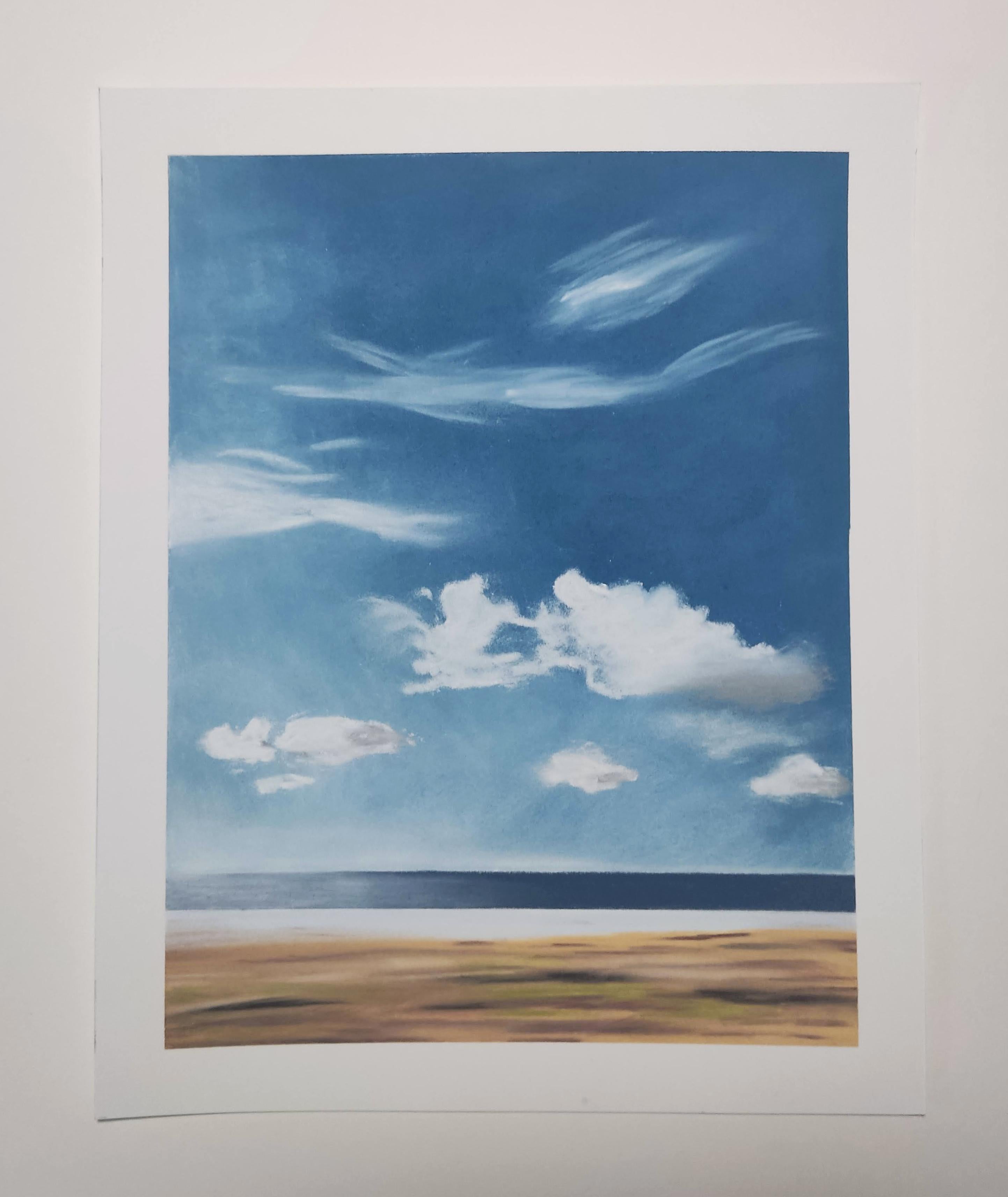 Paysage Minimal, Dibujo original al pastel, Paisaje marino, Cielo, Horizonte - Art de Gabriel Riesnert