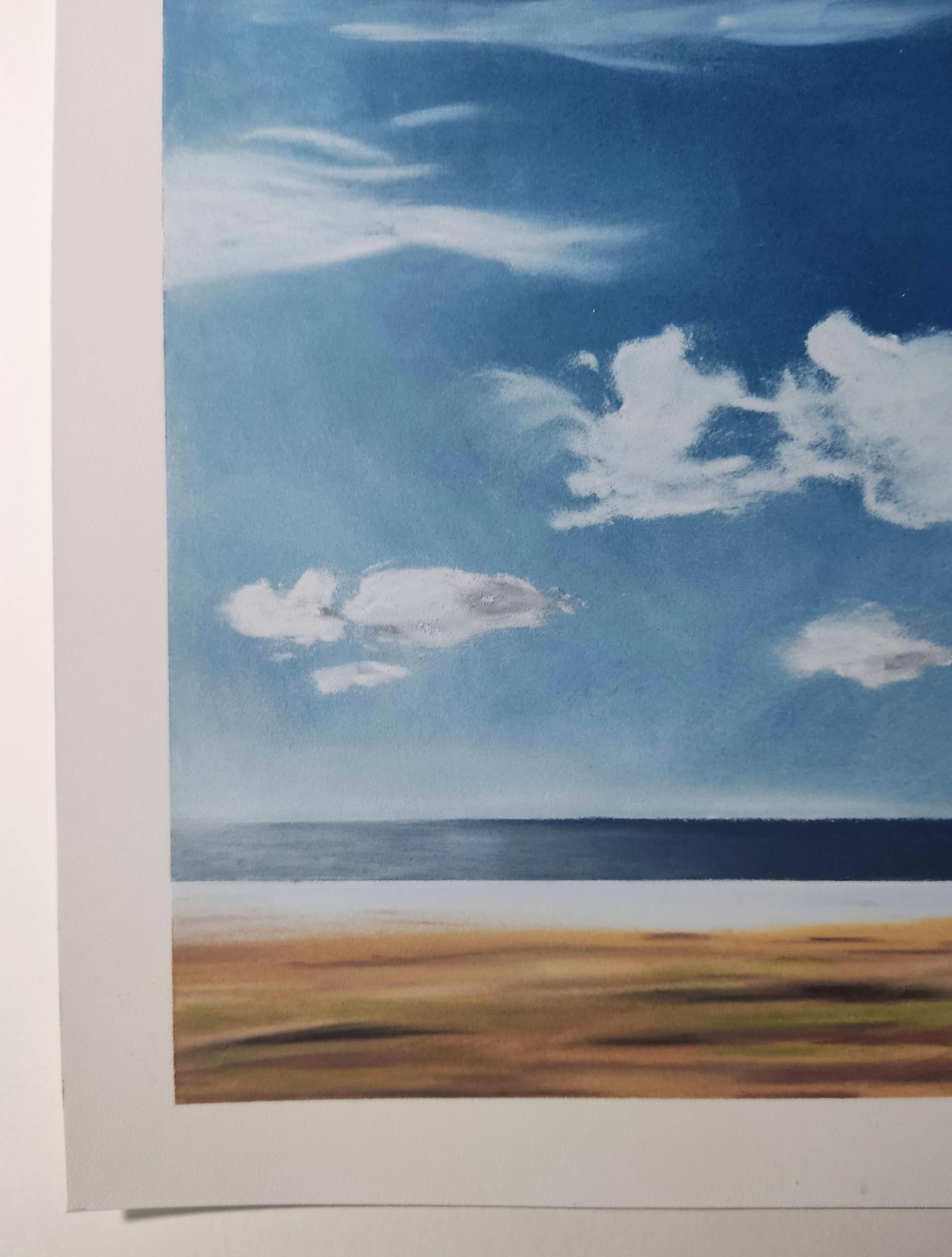 Paysage Minimal, Dibujo original al pastel, Paisaje marino, Cielo, Horizonte 1
